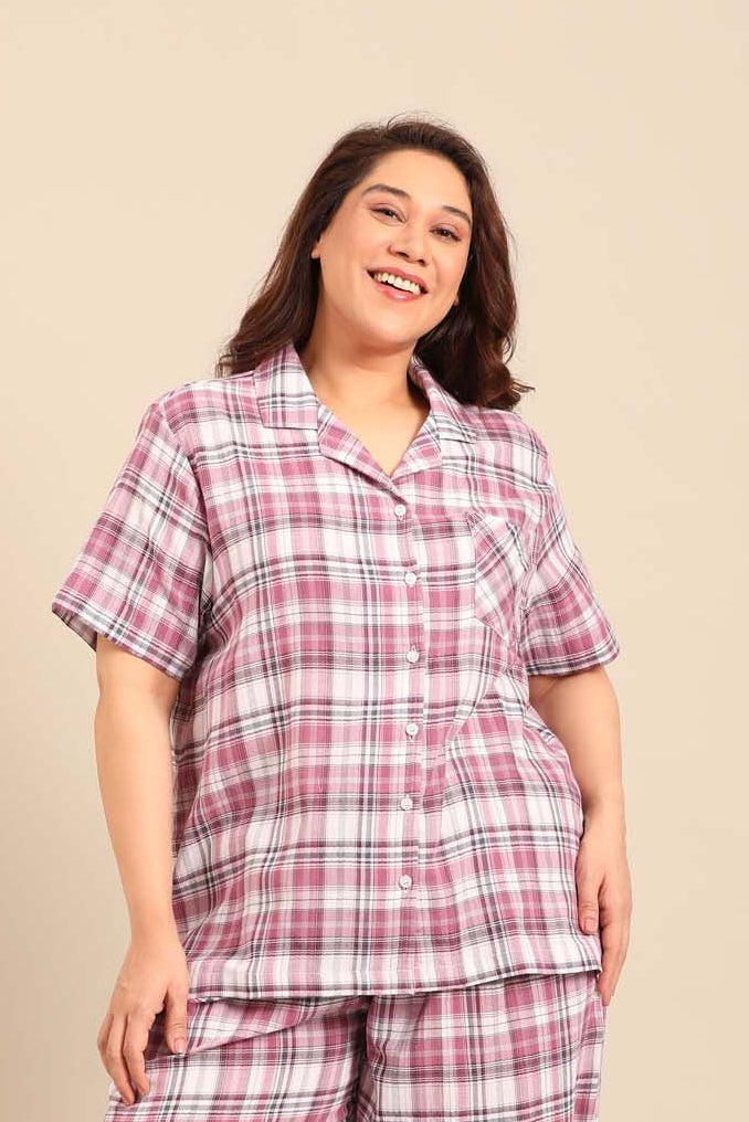 Violet Check Women's Cotton Shirt- Half Sleeves