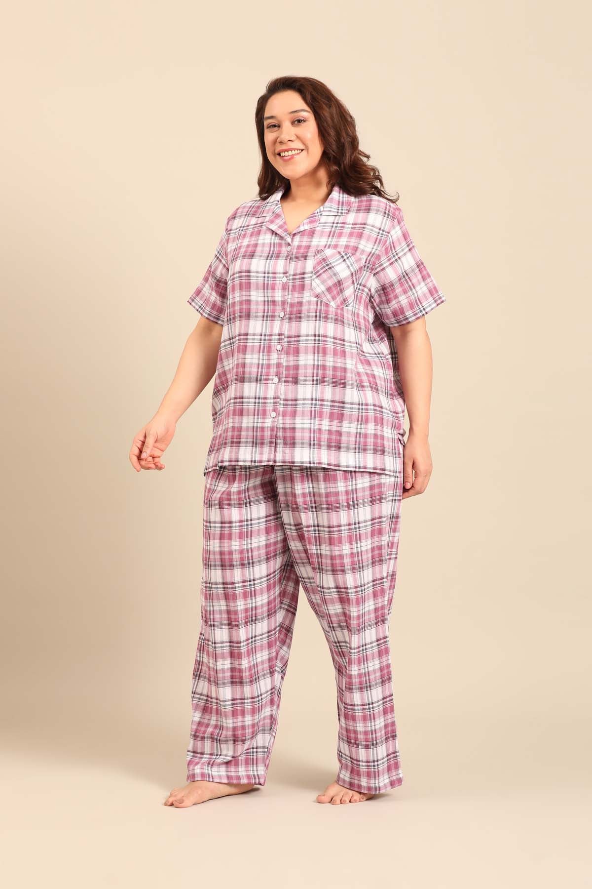 Violet Check Cotton Women's Curve Pajama Set- Half Sleeves