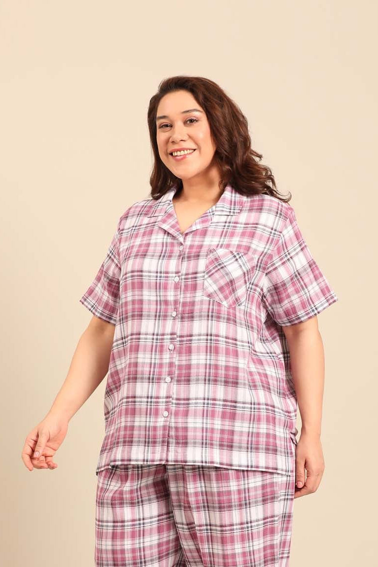 Violet Check Women's Cotton Shirt- Half Sleeves