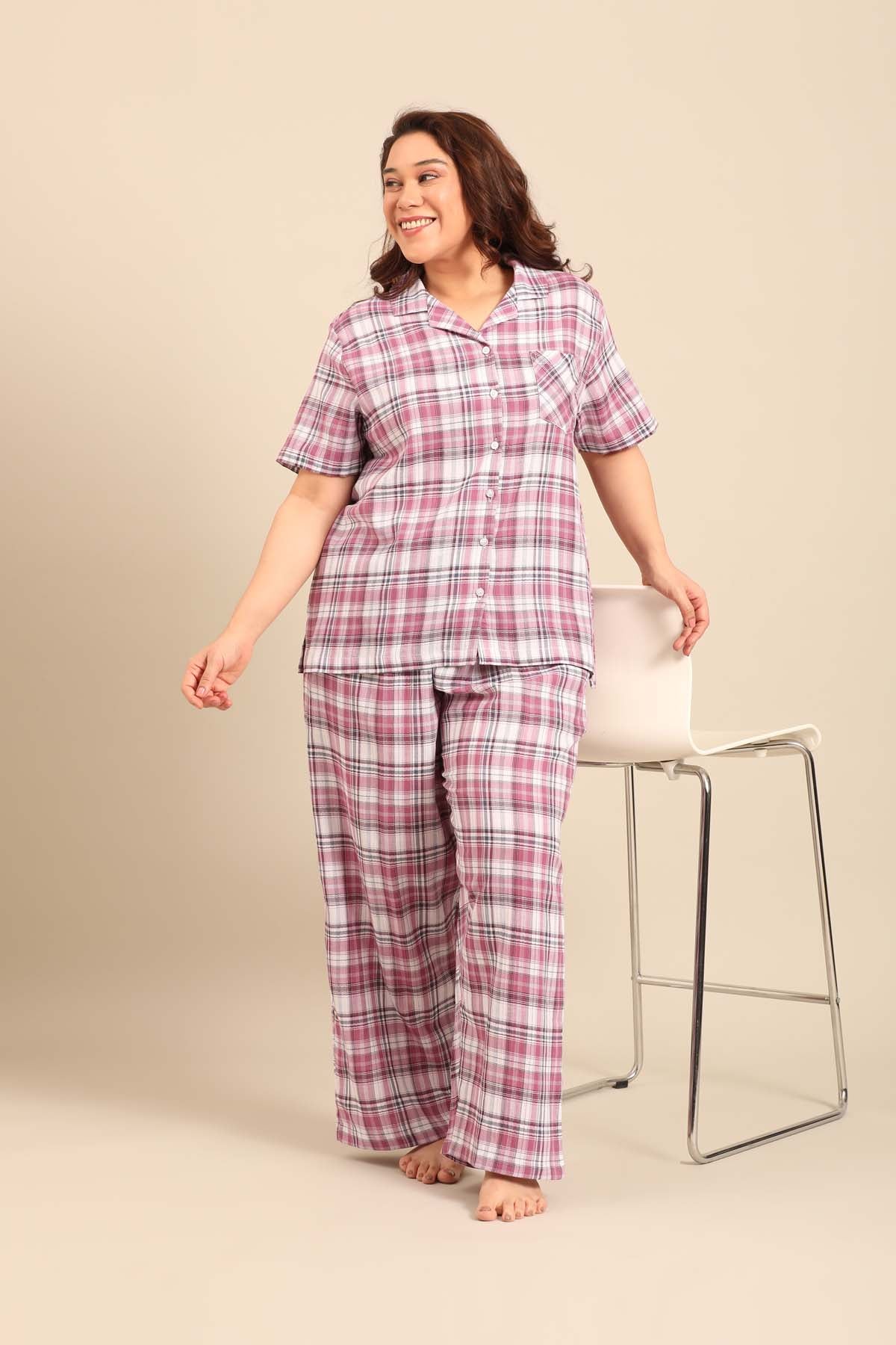 Violet Check Cotton Women's Curve Pajama Set- Half Sleeves
