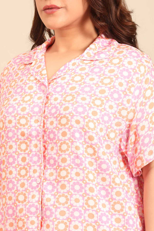 Irene Pink Floral Viscose Women's Curve Pajama Set - Half Sleeves