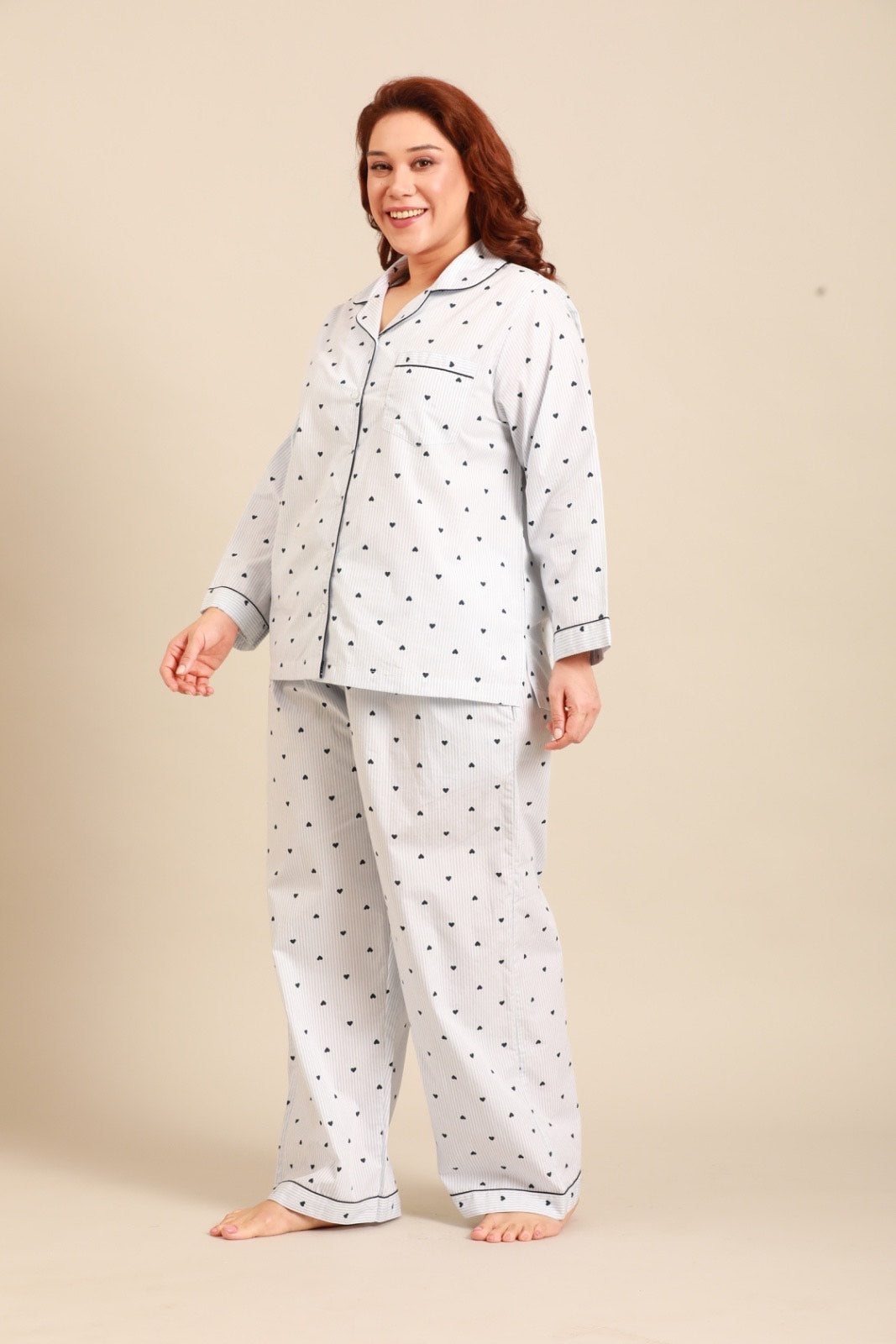 Lizzie Heart Cotton Women's Curve Pajama Set - Full Sleeves