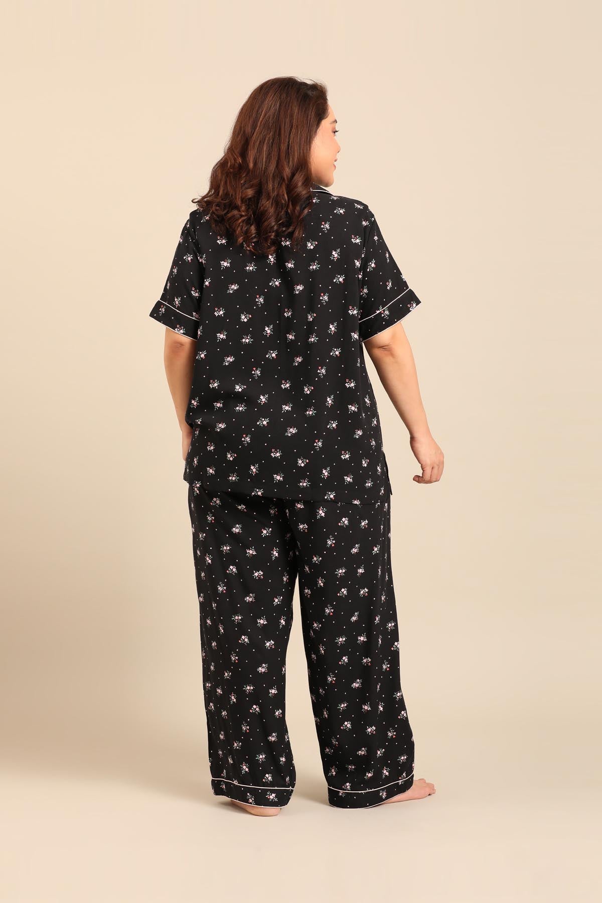 Kate Black Floral Viscose Women's Curve Pajama Set - Half Sleeves