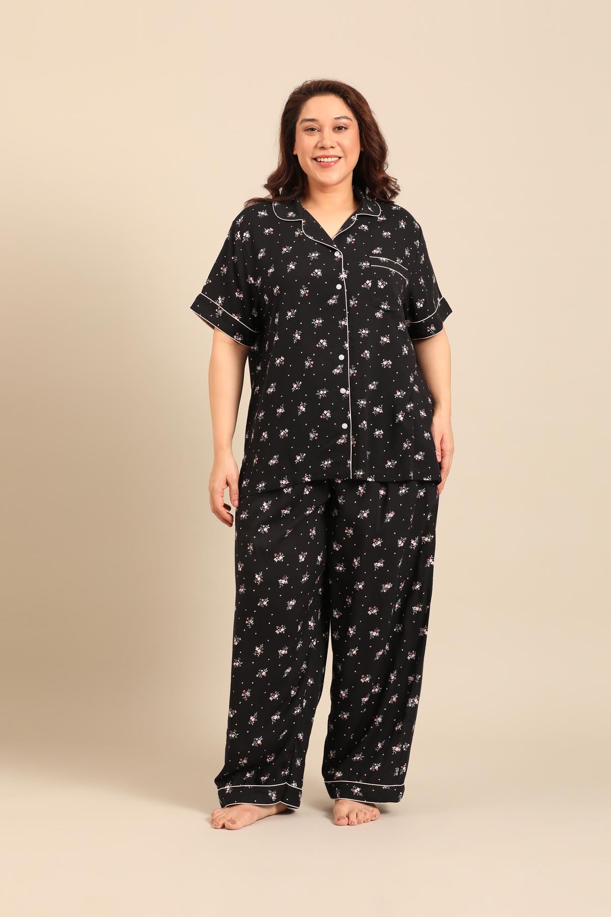 Kate Black Floral Viscose Women's Curve Pajama Set - Half Sleeves