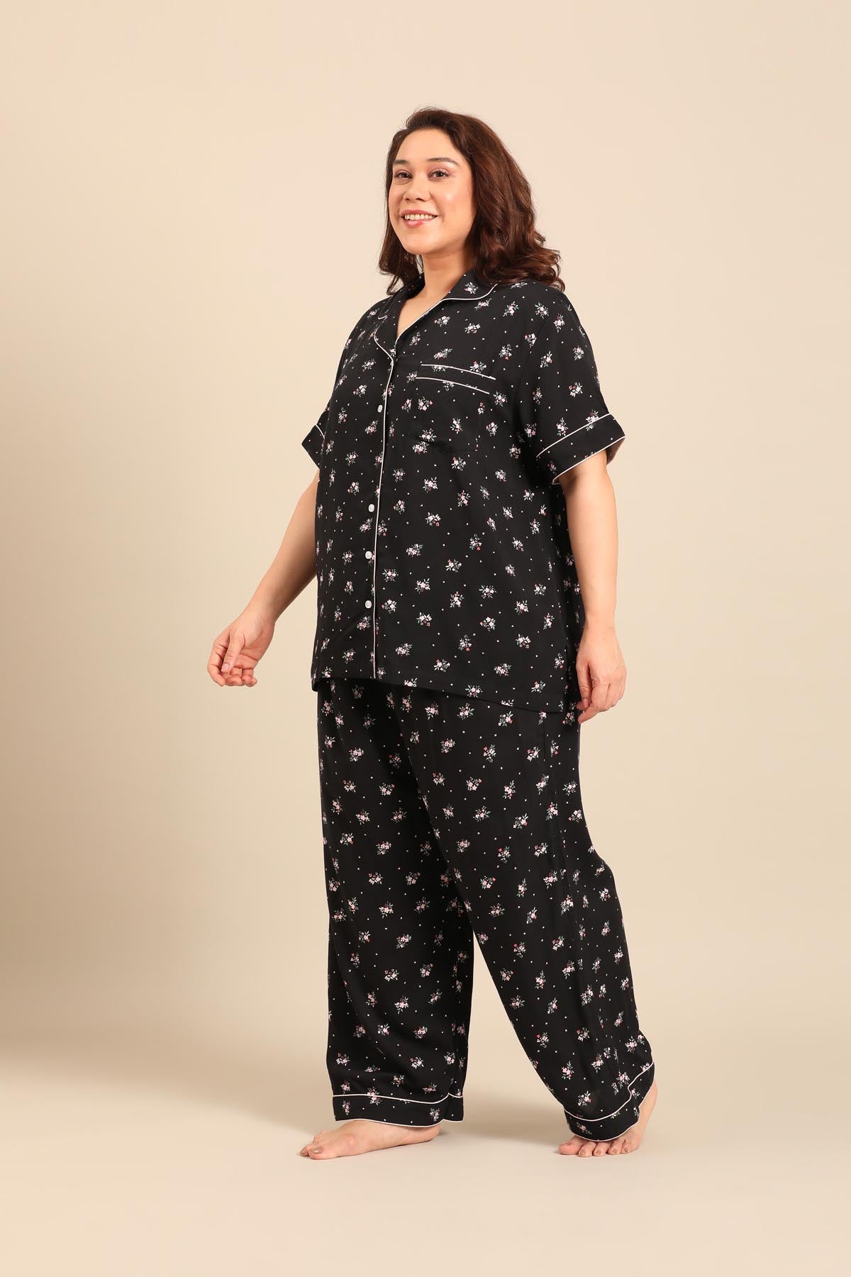 Kate Black Floral Viscose Women's Curve Pajama Set - Half Sleeves