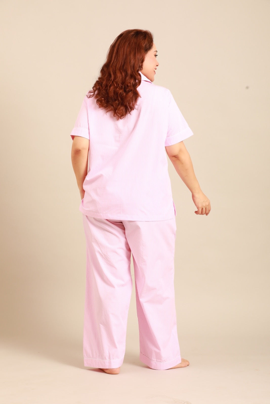 Bianca Pink Pinstripe Cotton Women's Curve Pajama Set - Half Sleeves