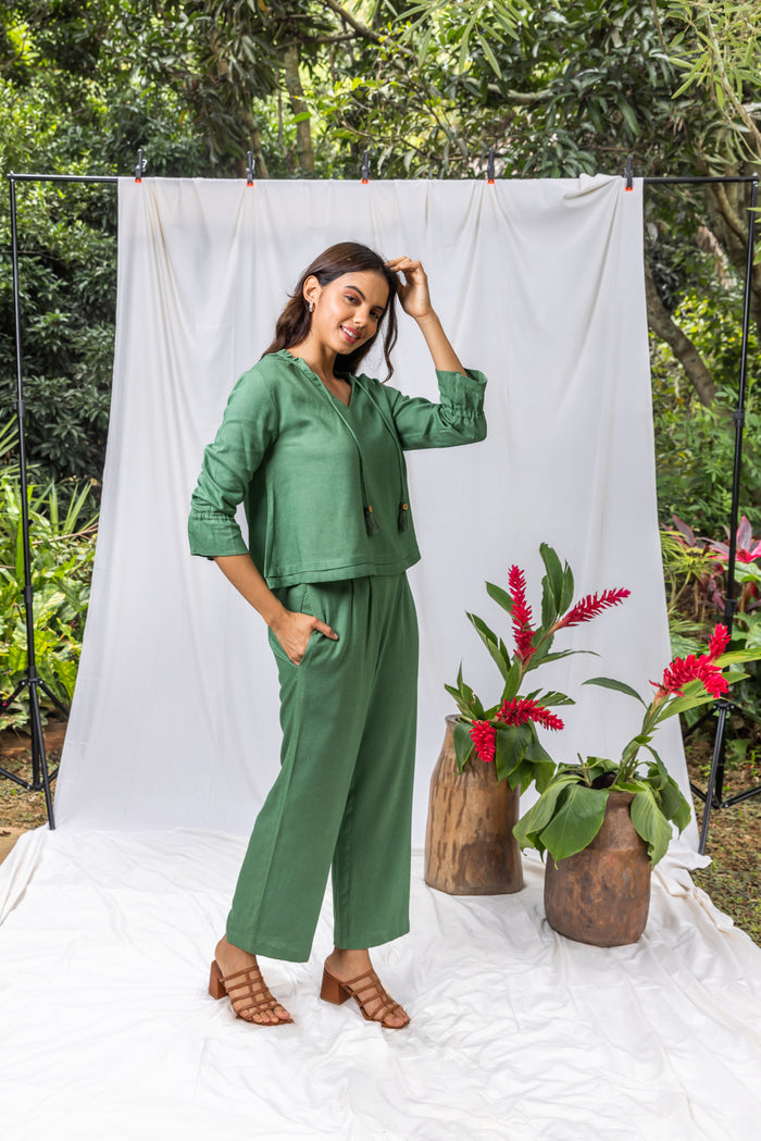 Masai Green Linen Women's Lounge Pleated Co-ord Set