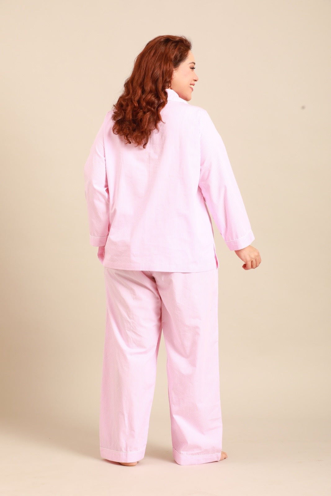 Bianca Pink Pinstripe Cotton Women's Curve Pajama Set - Full Sleeves