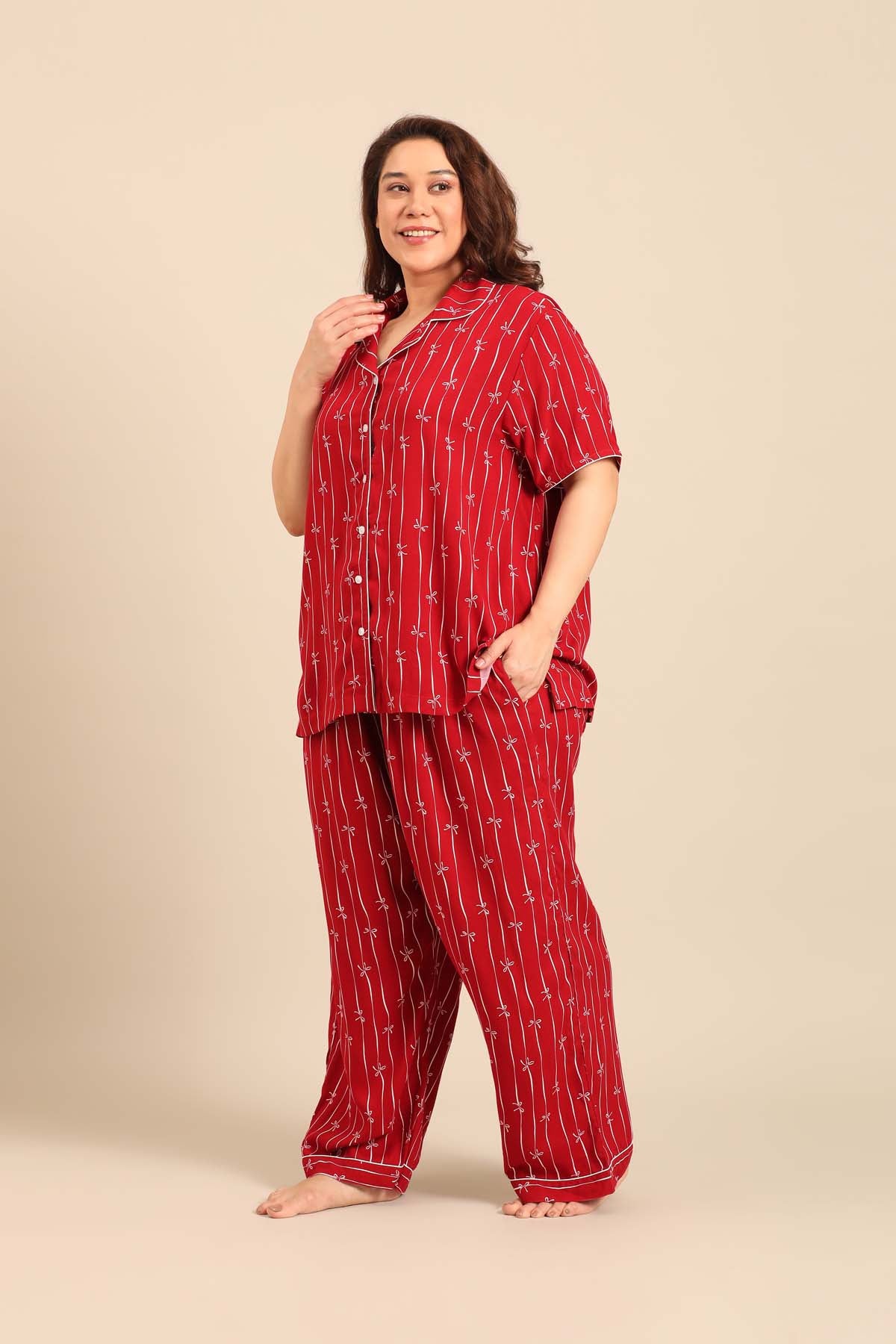 Scarlet Bows Viscose Women's Curve Pajama Set - Half Sleeves