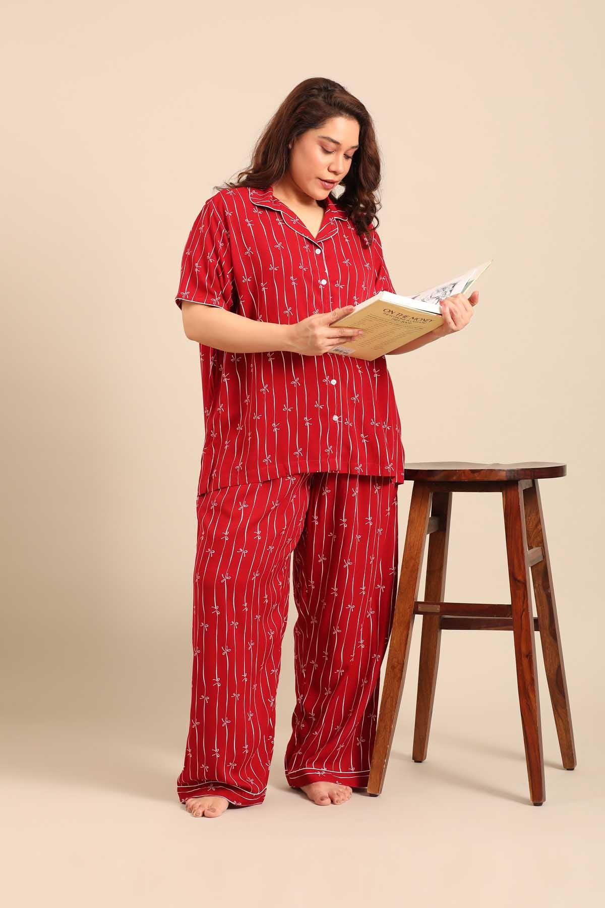 Scarlet Bows Viscose Women's Curve Pajama Set - Half Sleeves