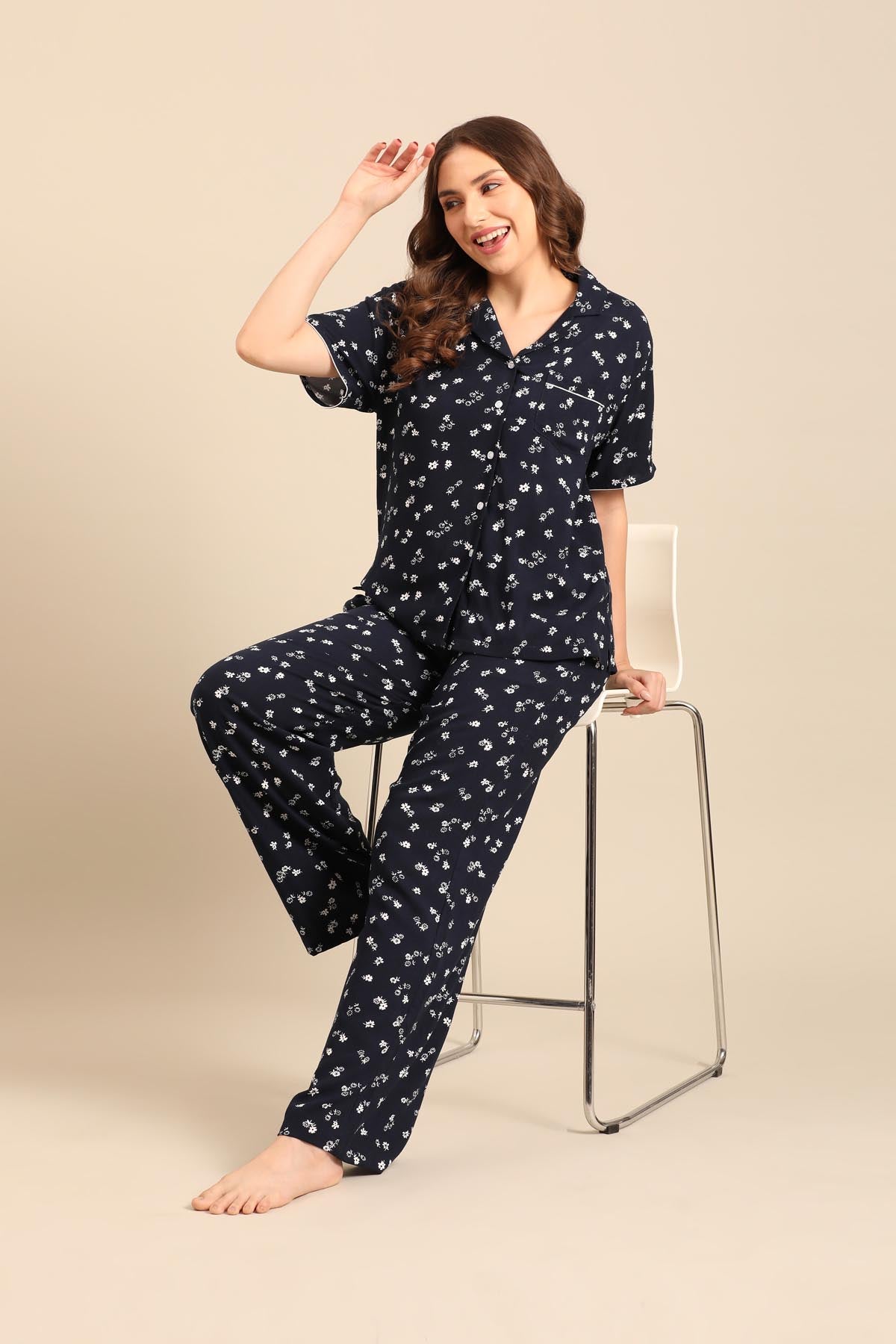 Navy Daphne Ditsy Printed Viscose Women's Pajama Set- Half Sleeves