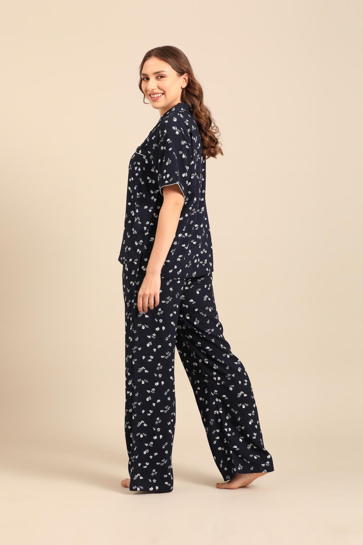 Navy Daphne Ditsy Printed Viscose Women's Pajama Set- Half Sleeves
