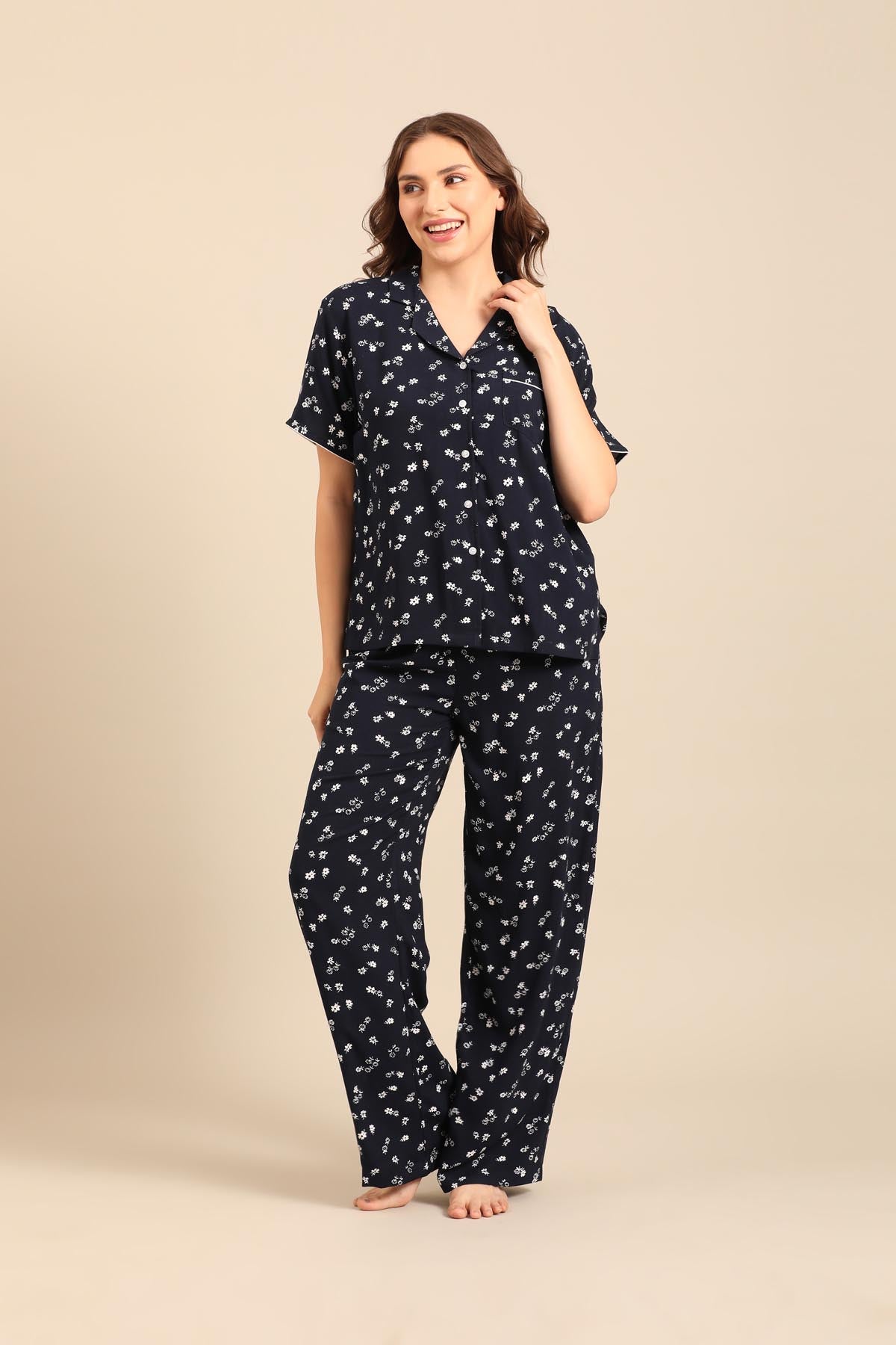 Navy Daphne Ditsy Printed Viscose Women's Pajama Set- Half Sleeves