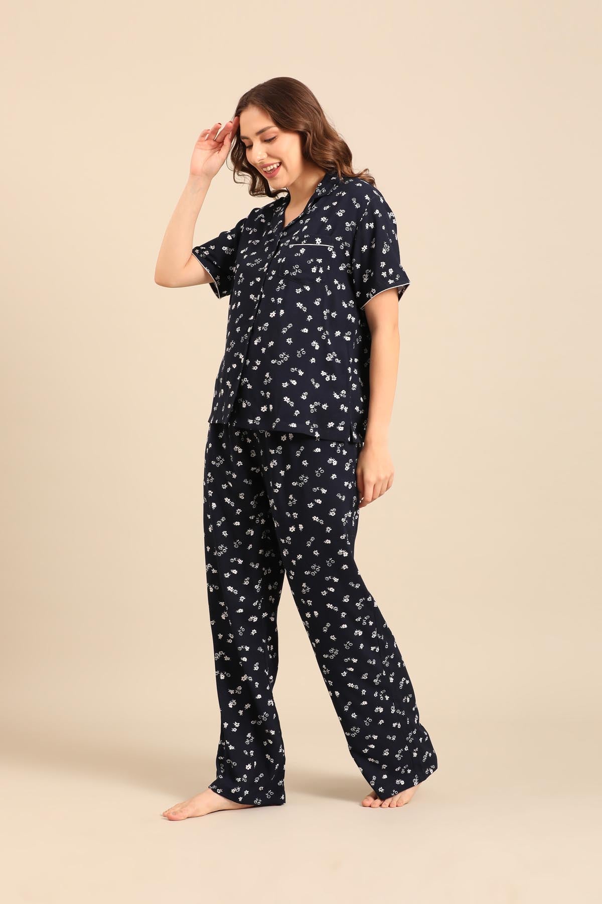 Navy Daphne Ditsy Printed Viscose Women's Pajama Set- Half Sleeves