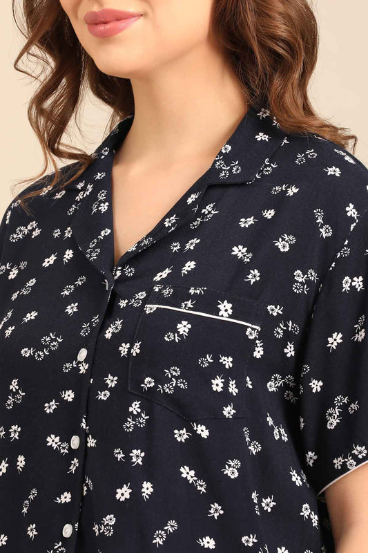 Navy Daphne Ditsy Printed Viscose Women's Pajama Set- Half Sleeves