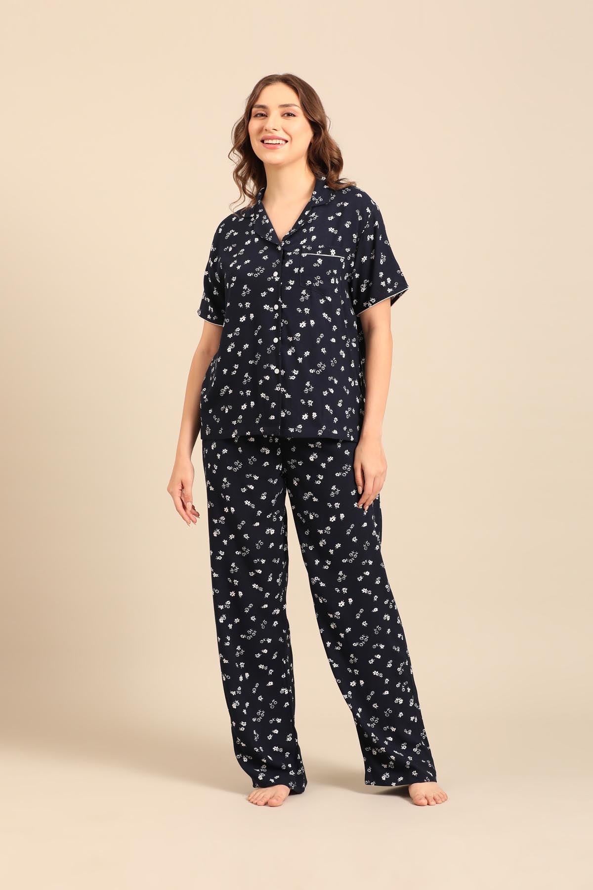 Navy Daphne Ditsy Printed Viscose Women's Pajama Set- Half Sleeves