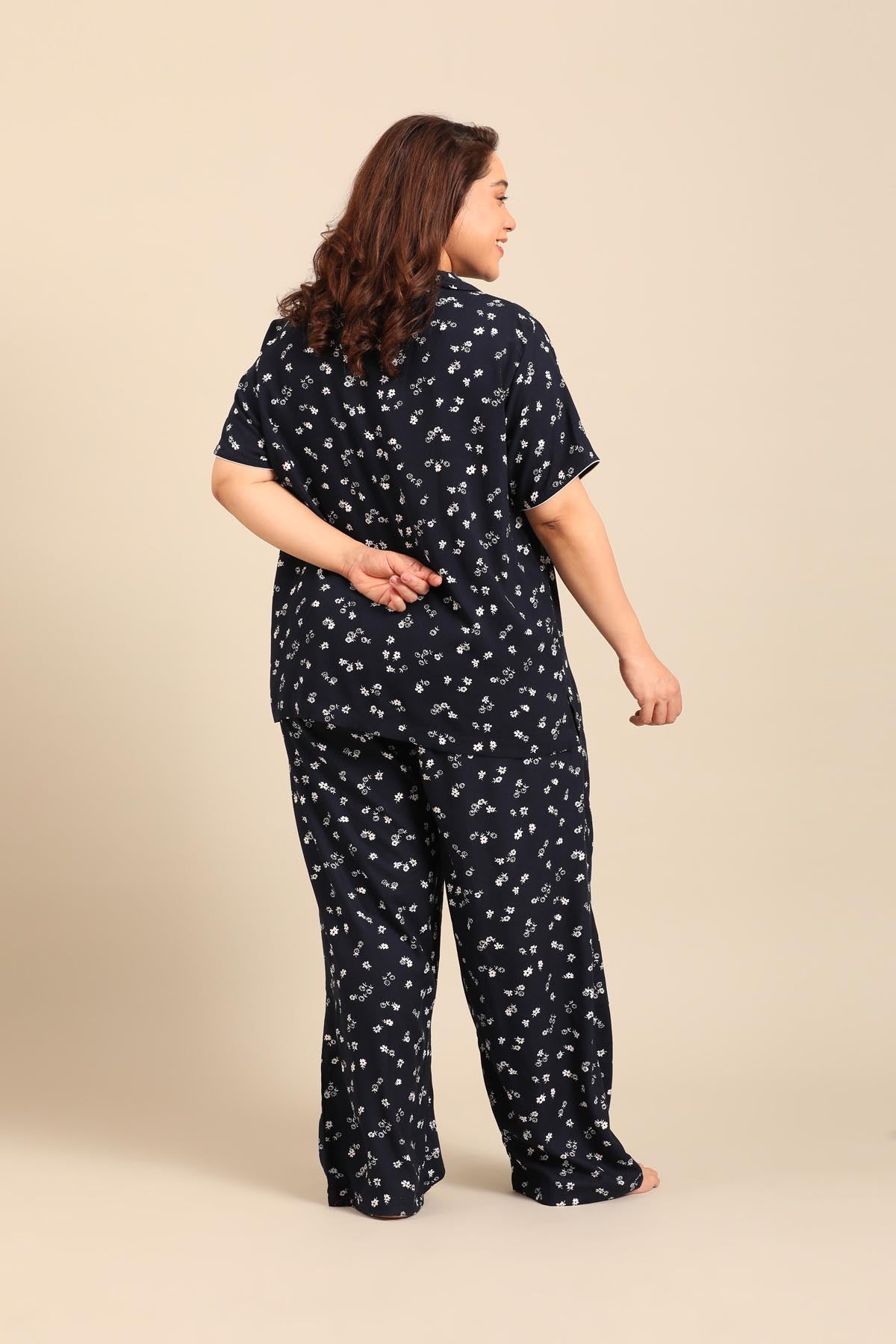 Navy Daphne Ditsy Printed Viscose Women's Curve Pajama Set- Half Sleeves