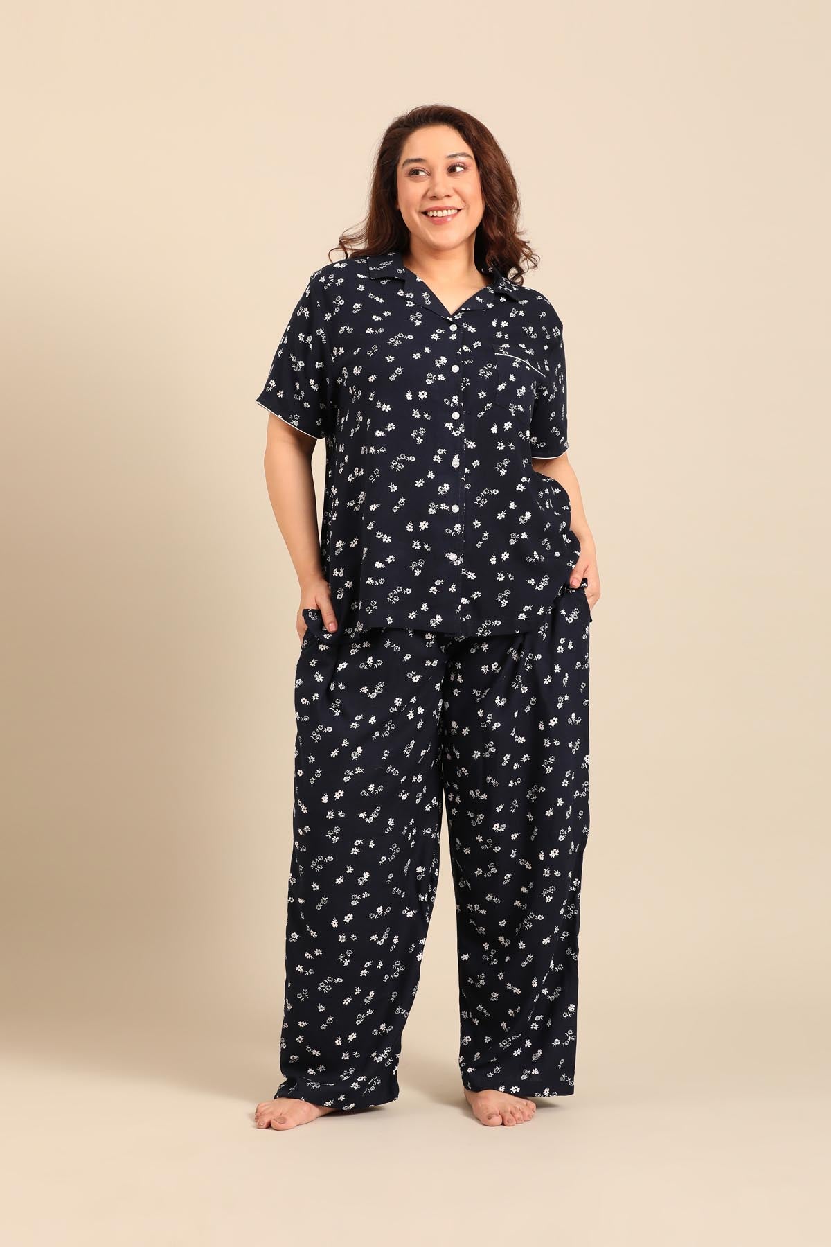 Navy Daphne Ditsy Printed Viscose Women's Curve Pajama Set- Half Sleeves