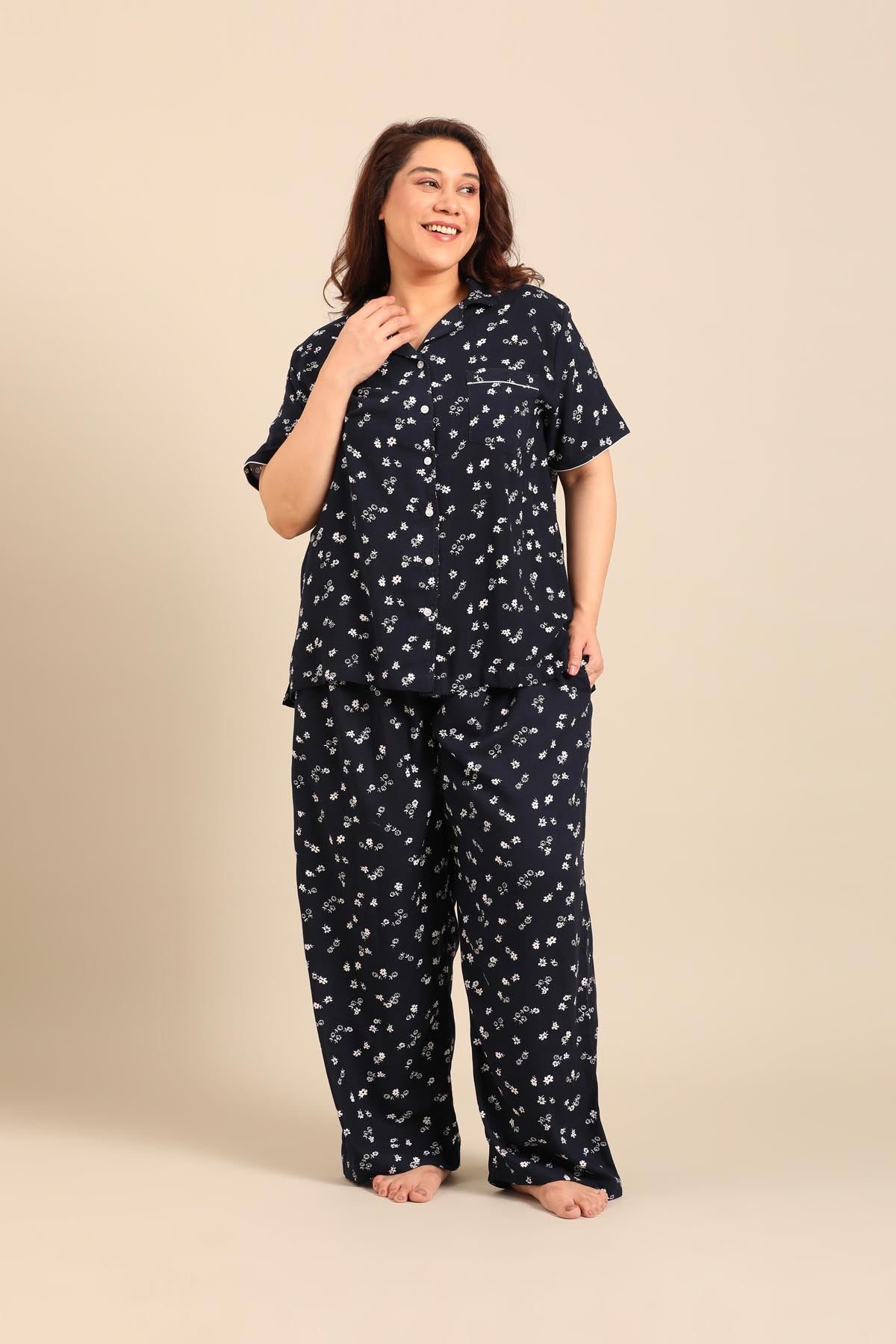 Navy Daphne Ditsy Printed Viscose Women's Curve Pajama Set- Half Sleeves