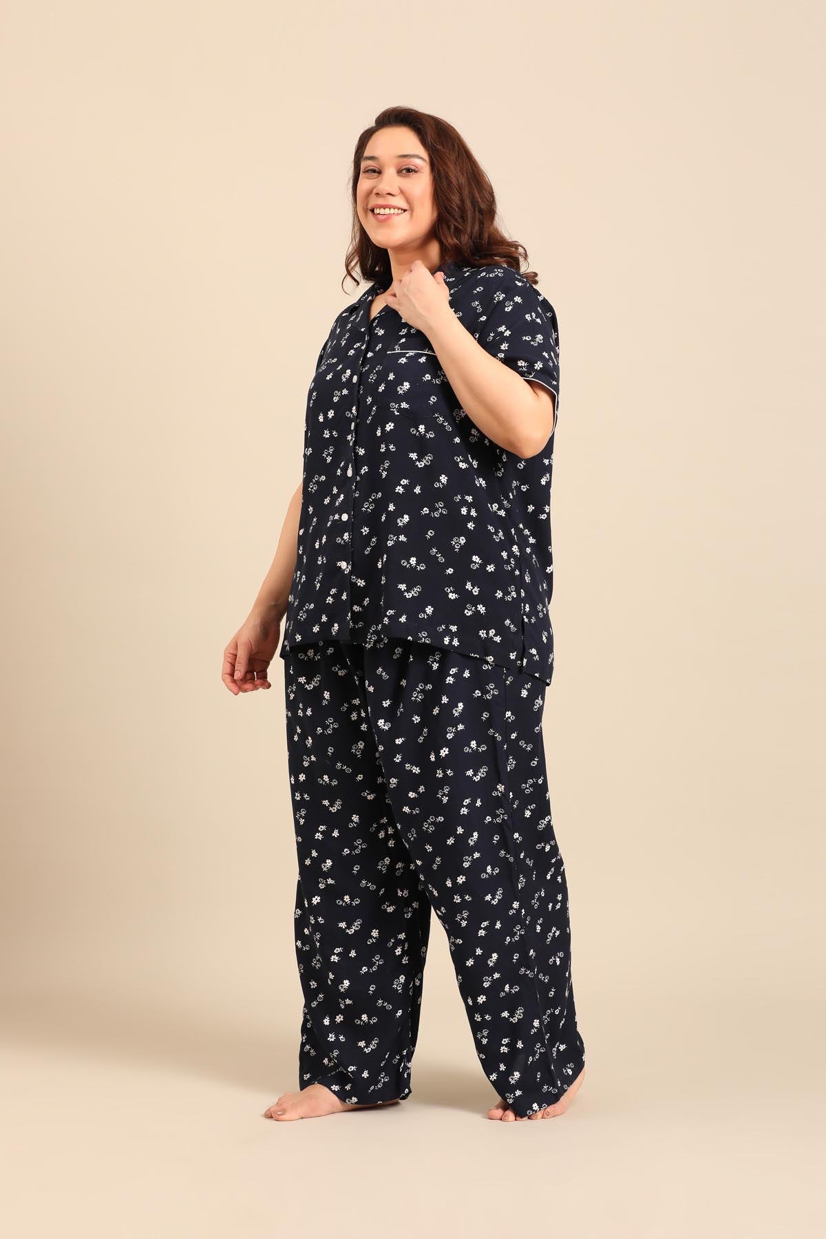 Navy Daphne Ditsy Printed Viscose Women's Curve Pajama Set- Half Sleeves