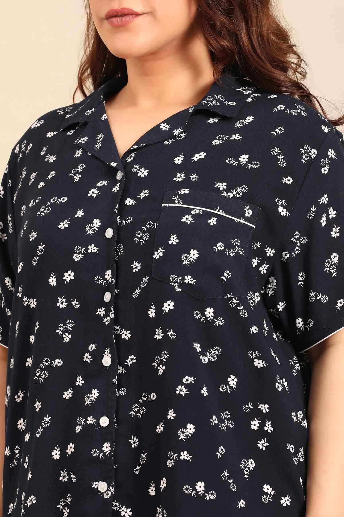 Navy Daphne Ditsy Printed Viscose Women's Curve Pajama Set- Half Sleeves