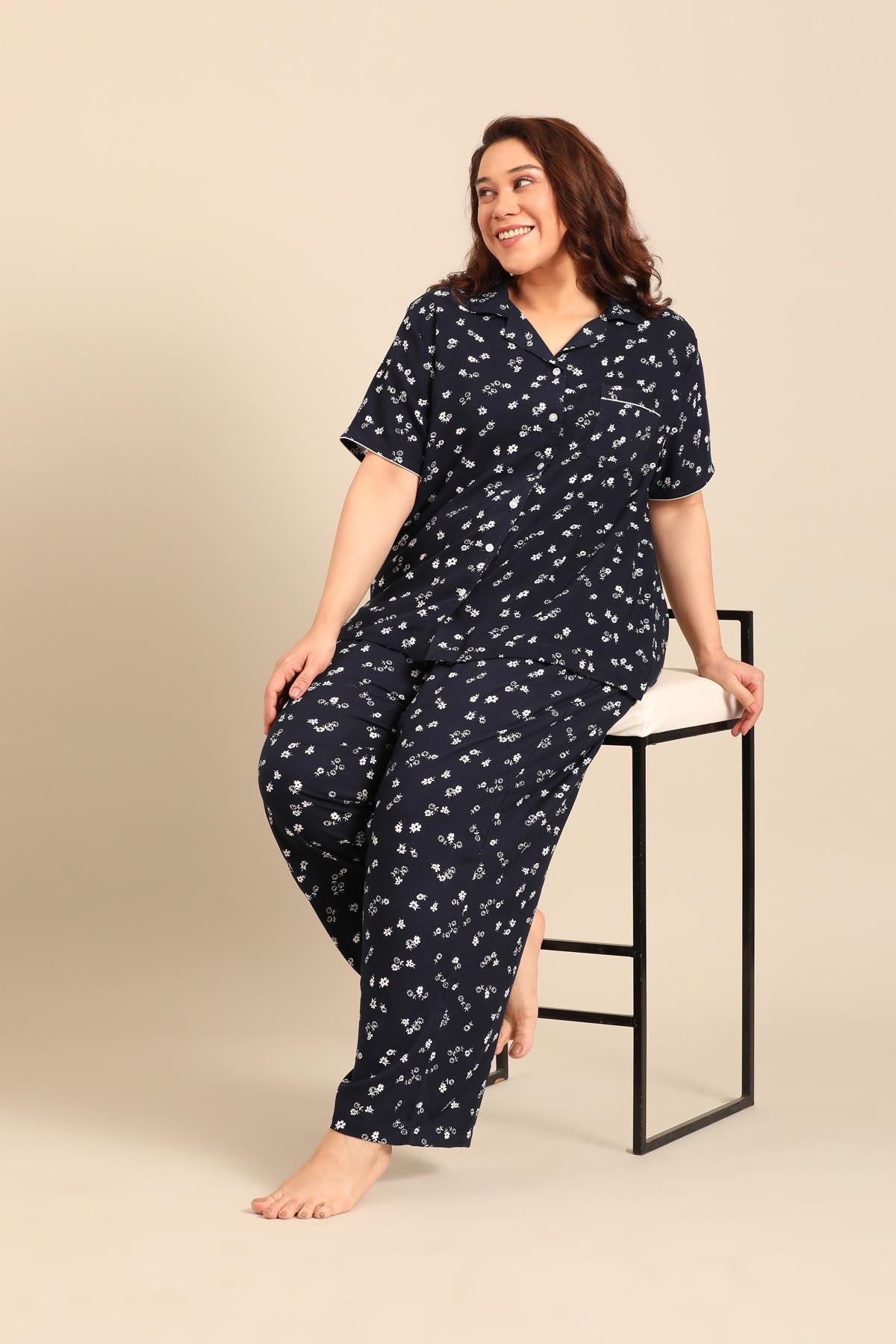 Navy Daphne Ditsy Printed Viscose Women's Curve Pajama Set- Half Sleeves