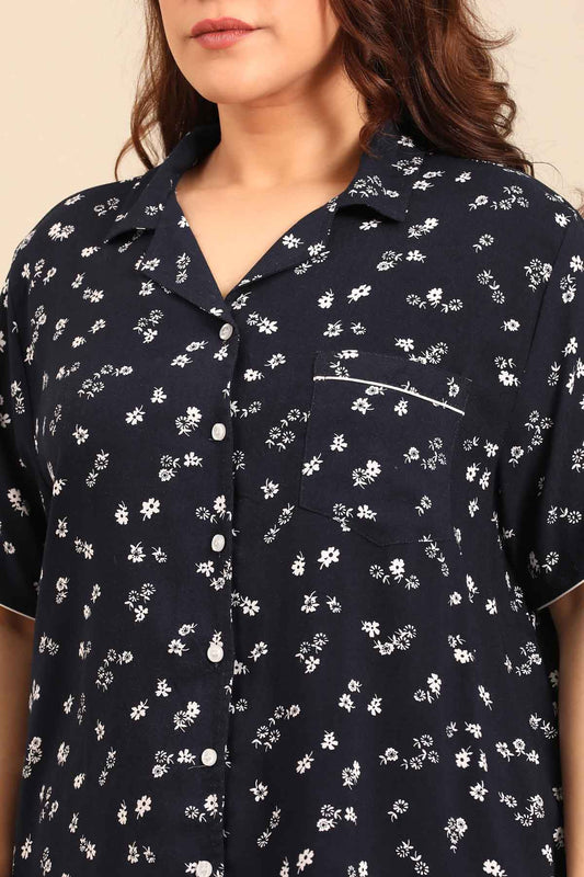 Navy Daphne Viscose Women's Curve Shorts Set - Half Sleeves