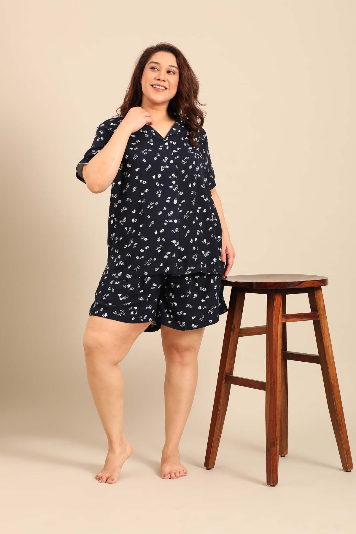Navy Daphne Viscose Women's Curve Shorts Set - Half Sleeves