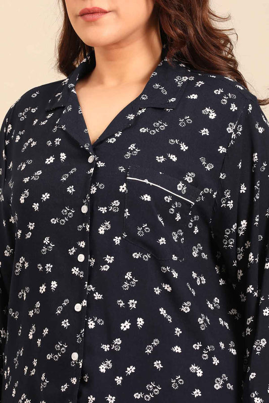 Navy Daphne Ditsy Printed Viscose Women's Curve Pajama Set- Full Sleeves