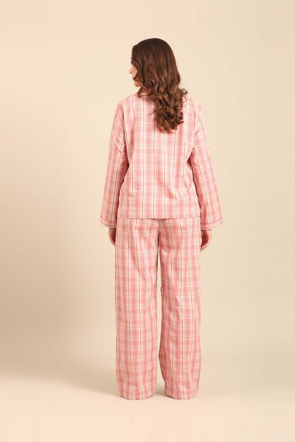 Pink Check Cotton Blend Women's Pajama Set- Full Sleeves