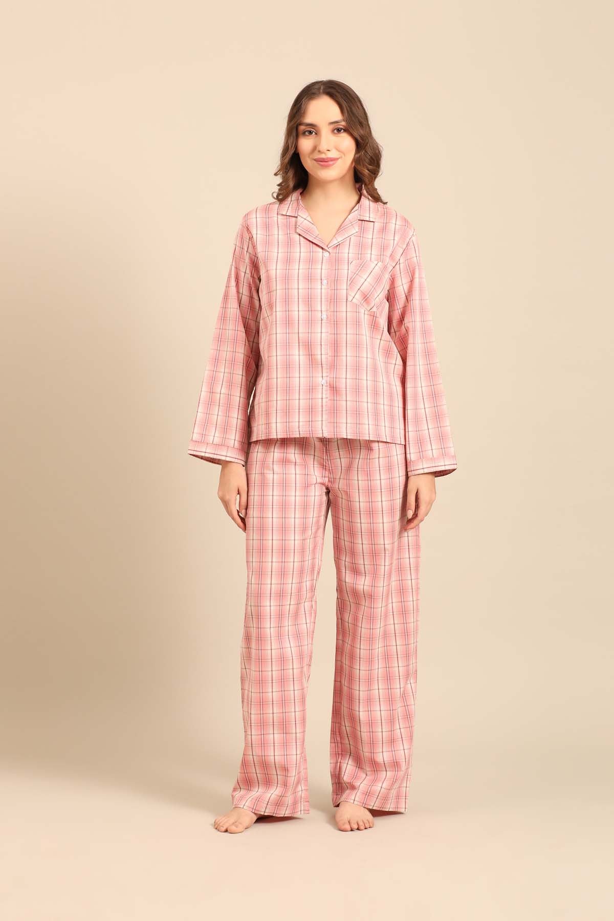 Pink Check Cotton Blend Women's Pajama Set- Full Sleeves