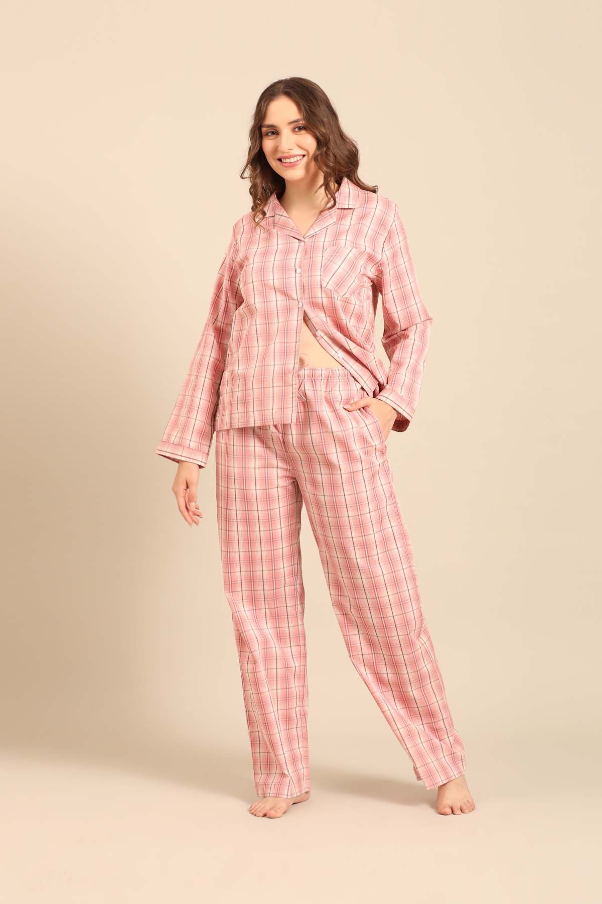 Pink Check Cotton Blend Women's Pajama Set- Full Sleeves
