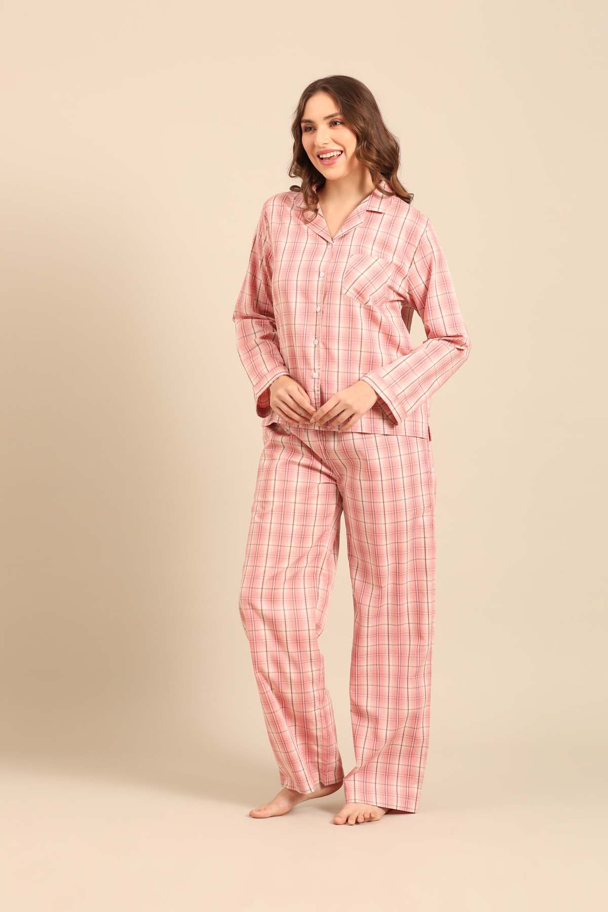 Pink Check Cotton Blend Women's Pajama Set- Full Sleeves