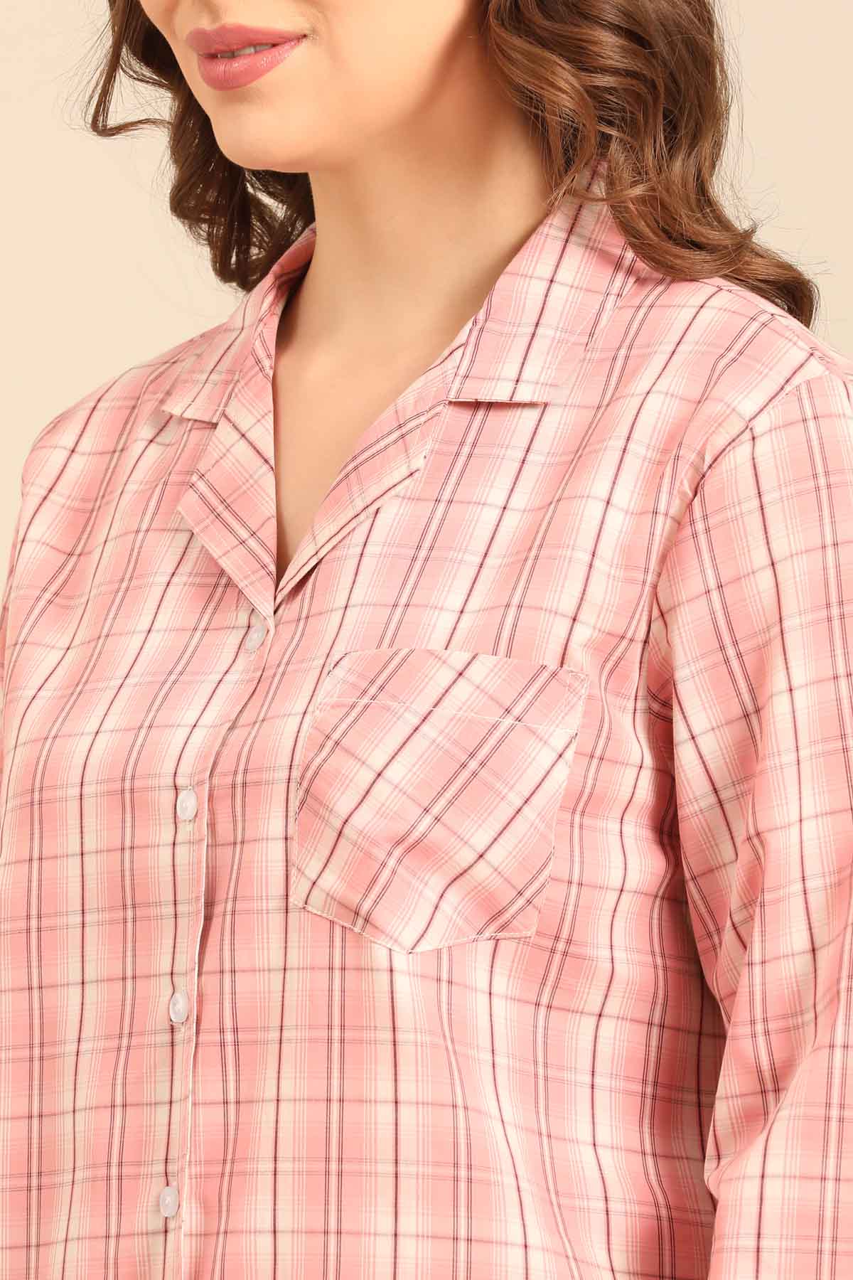 Pink Check Cotton Blend Women's Pajama Set- Full Sleeves