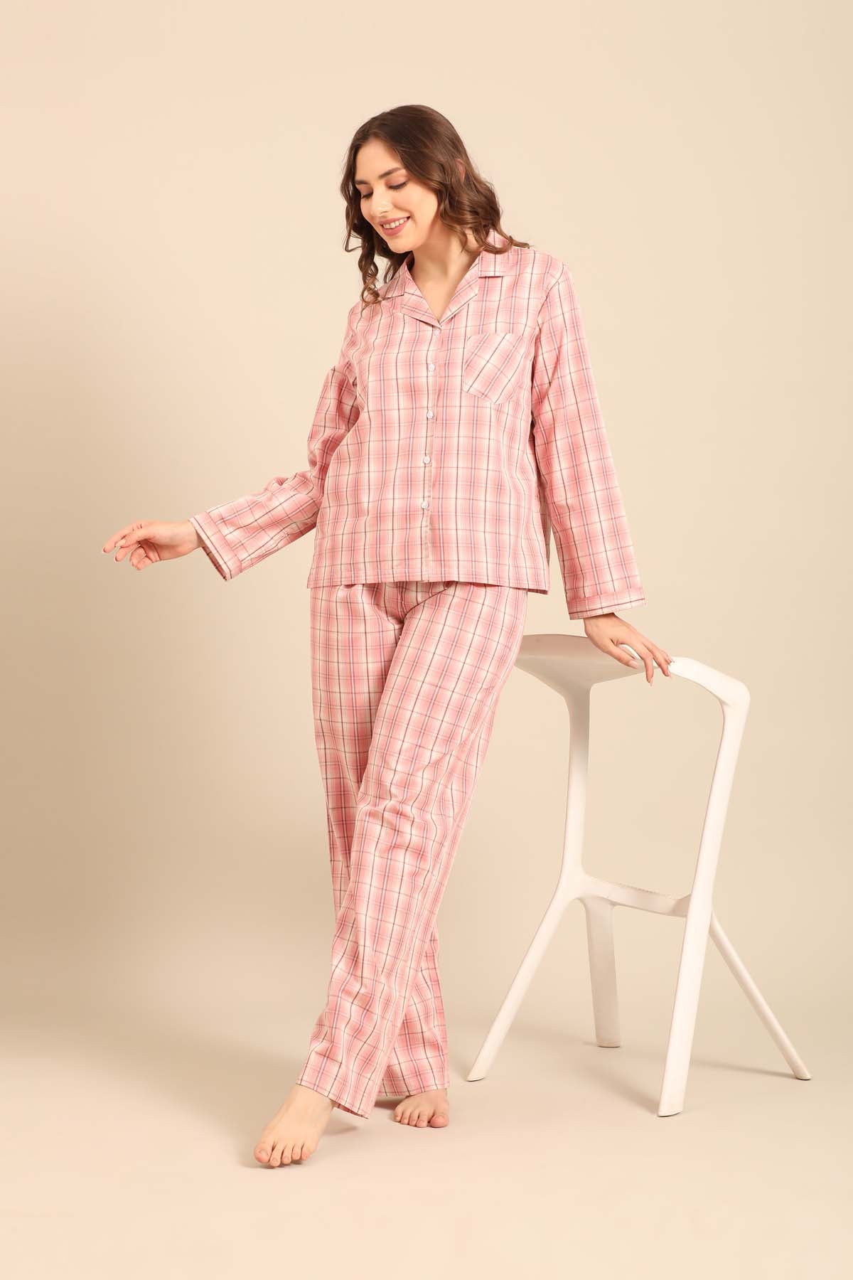 Pink Check Cotton Blend Women's Pajama Set- Full Sleeves