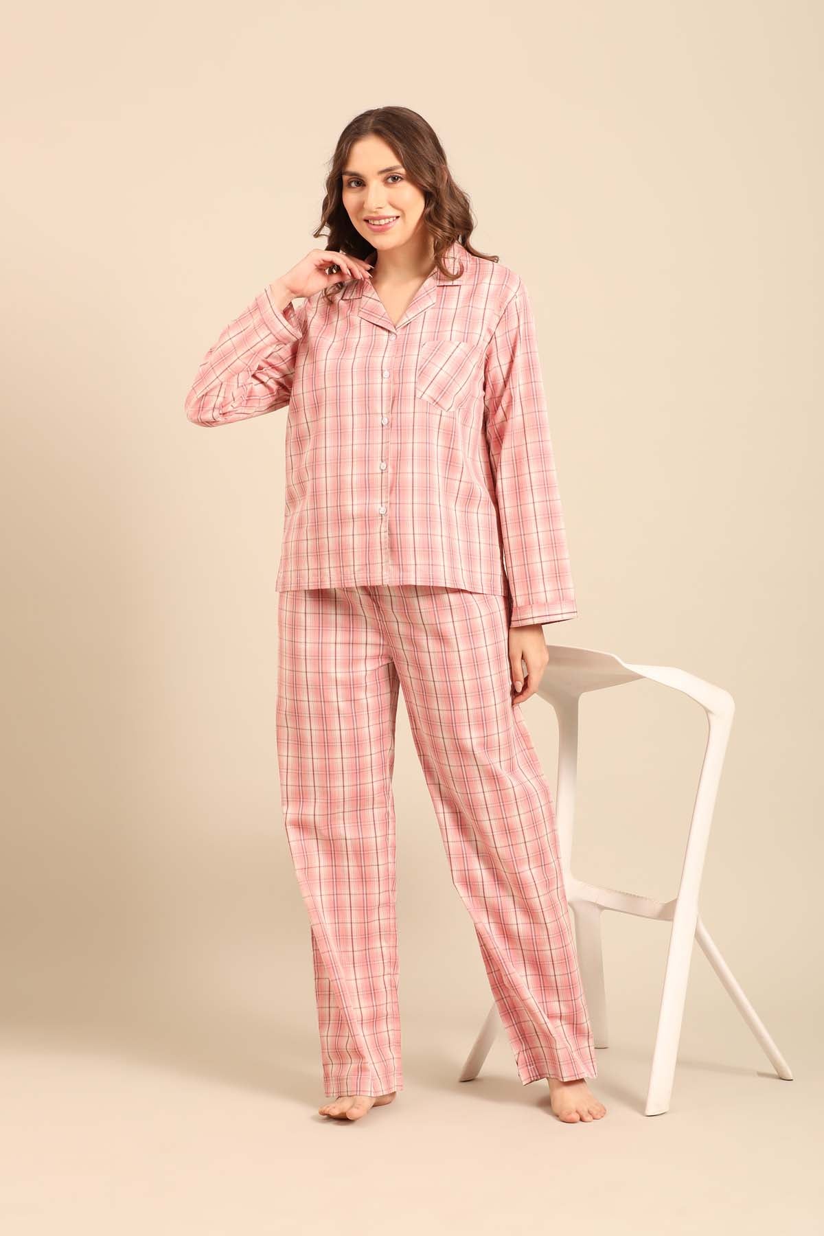 Pink Check Cotton Blend Women's Pajama Set- Full Sleeves
