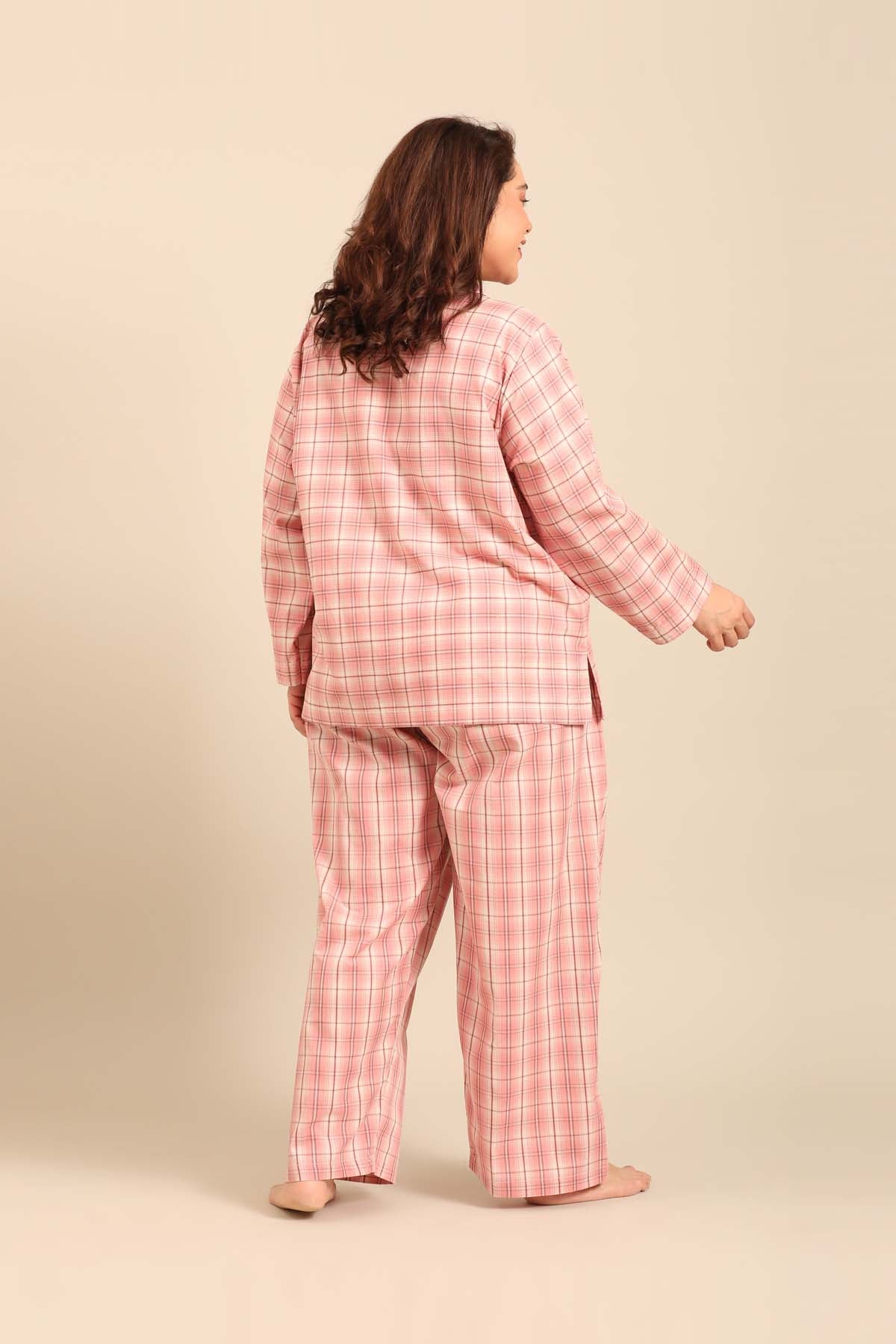 Pink Check Cotton Blend Women's Curve Pajama Set- Full Sleeves