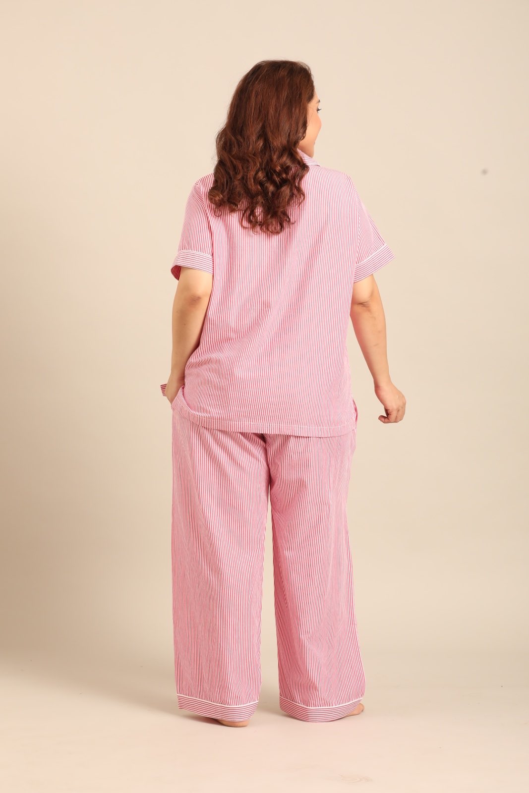 Sienna Red Pinstripe Cotton Women's Curve Pajama Set - Half Sleeves