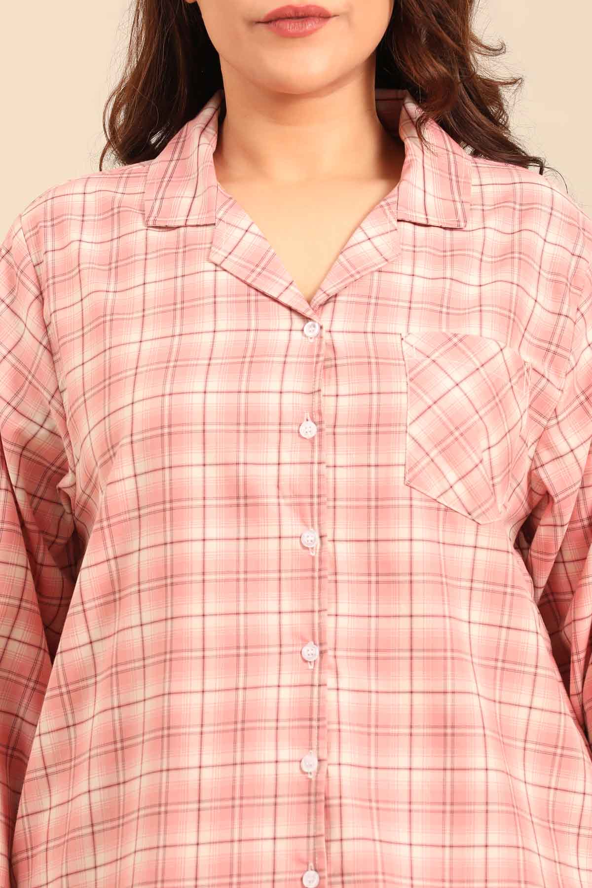 Pink Check Cotton Blend Women's Curve Pajama Set- Full Sleeves