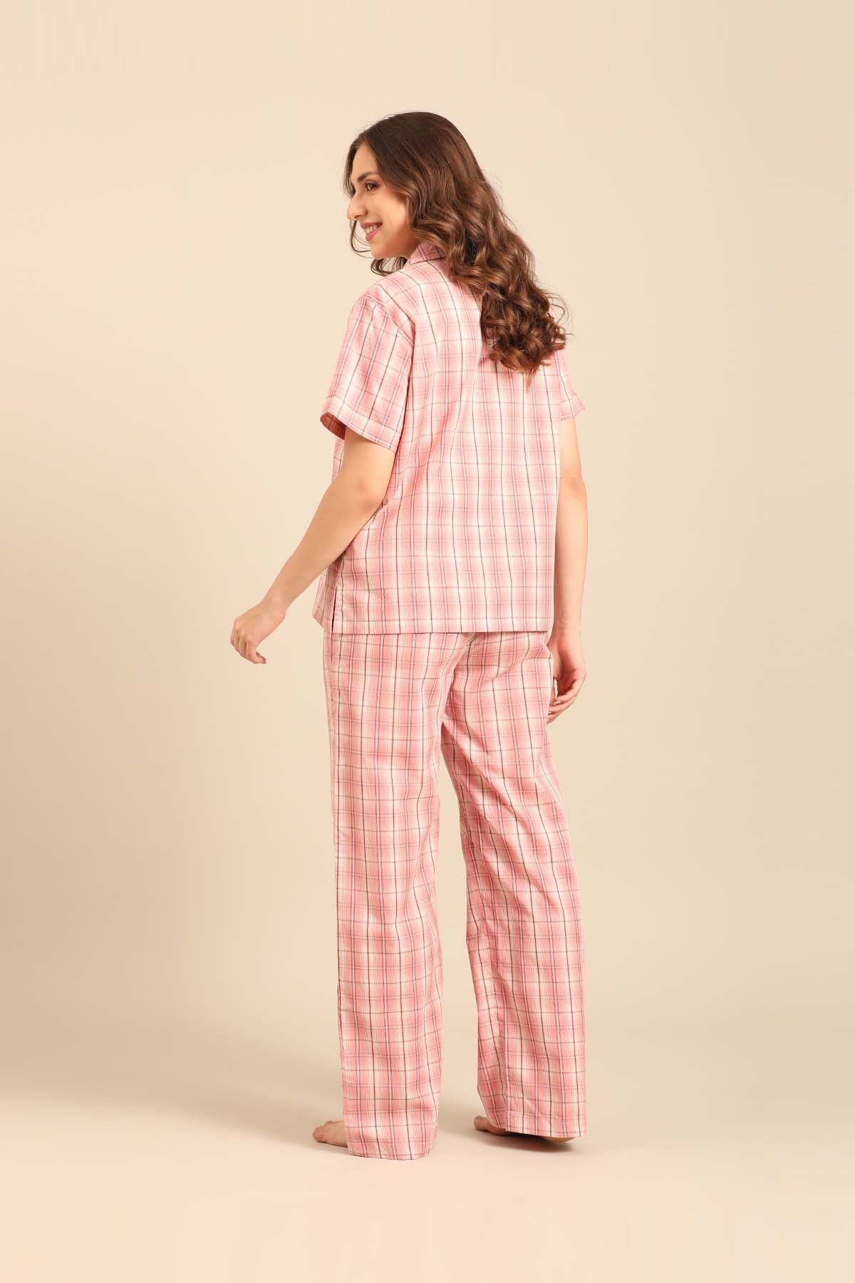 Pink Check Cotton Blend Women's Pajama Set- Half Sleeves