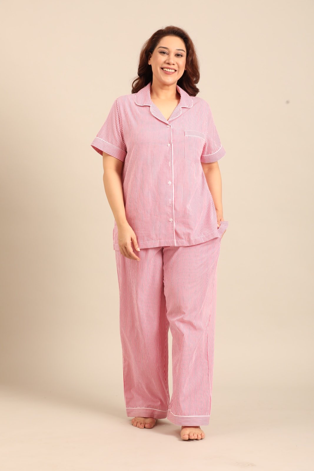 Sienna Red Pinstripe Cotton Women's Curve Pajama Set - Half Sleeves