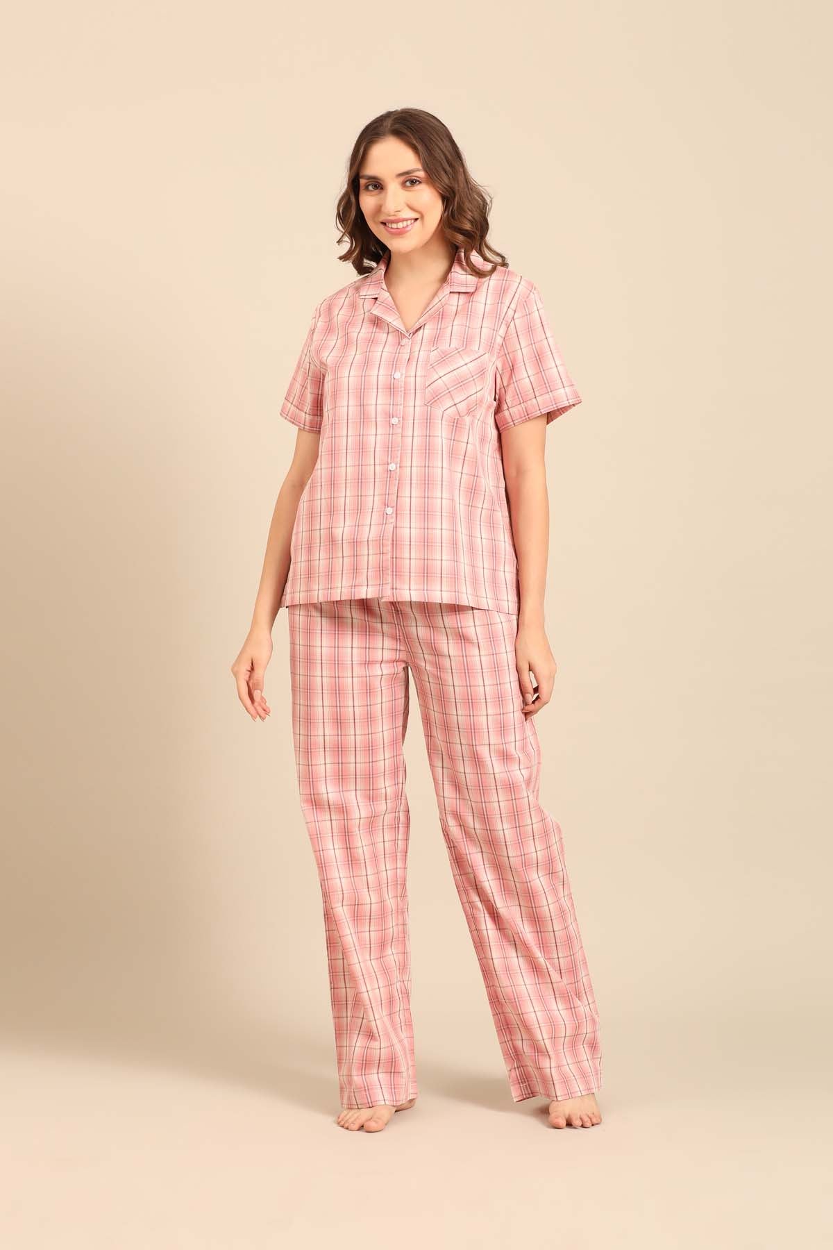 Pink Check Cotton Blend Women's Pajama Set- Half Sleeves