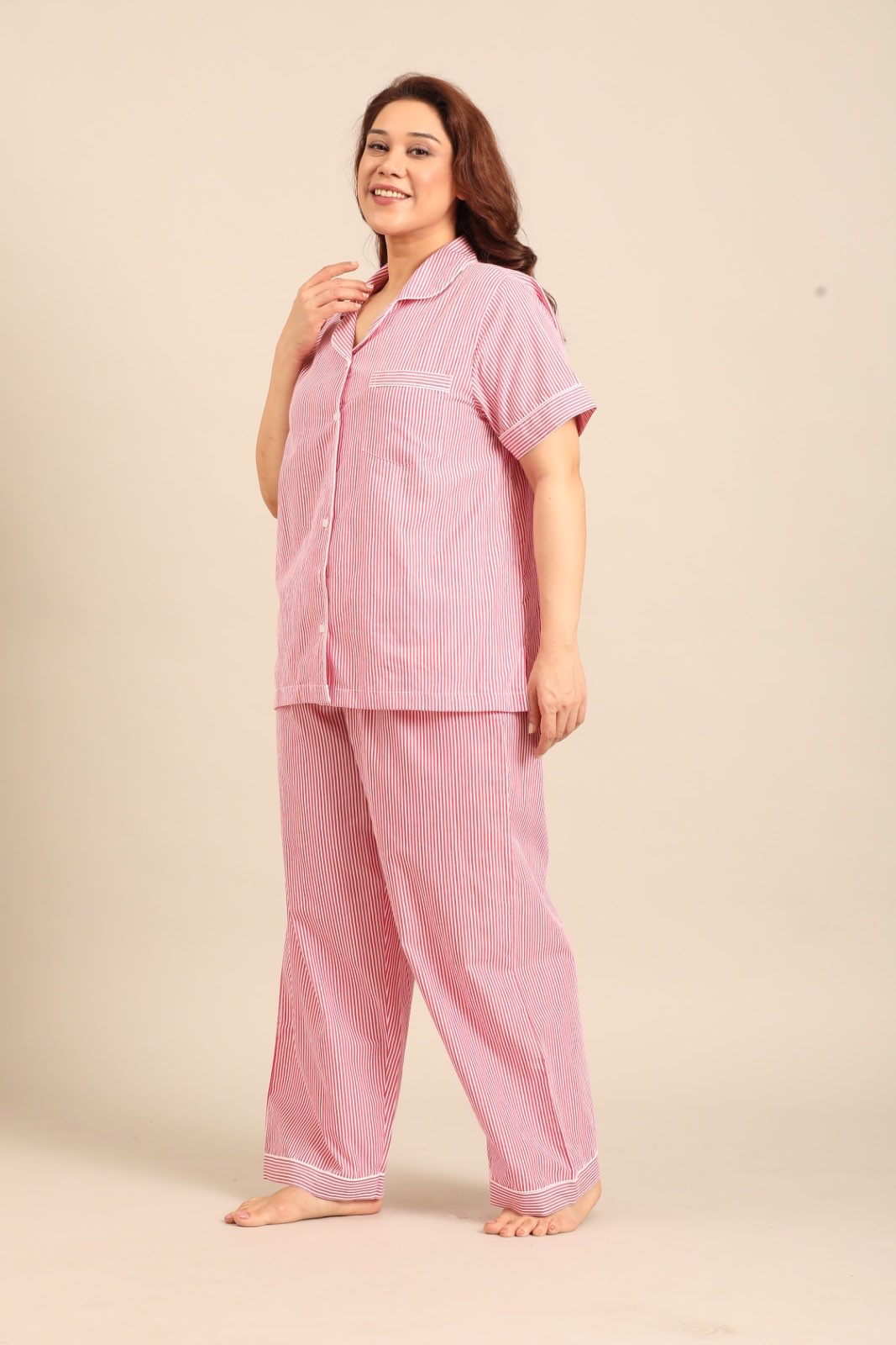 Sienna Red Pinstripe Cotton Women's Curve Pajama Set - Half Sleeves