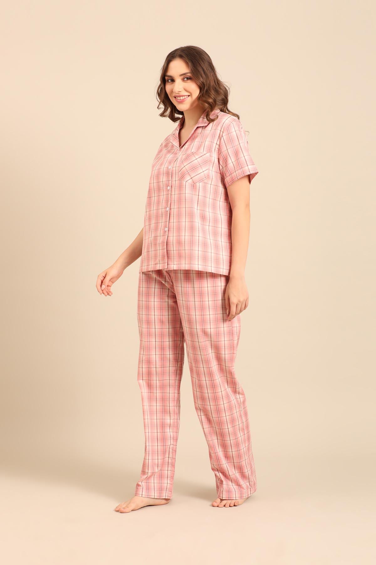 Pink Check Cotton Blend Women's Pajama Set- Half Sleeves