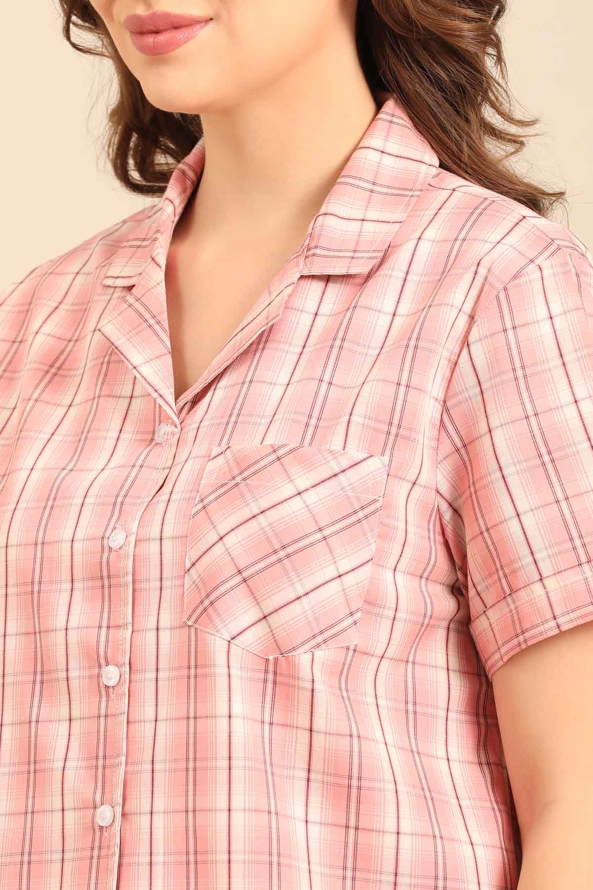 Pink Check Cotton Blend Women's Pajama Set- Half Sleeves