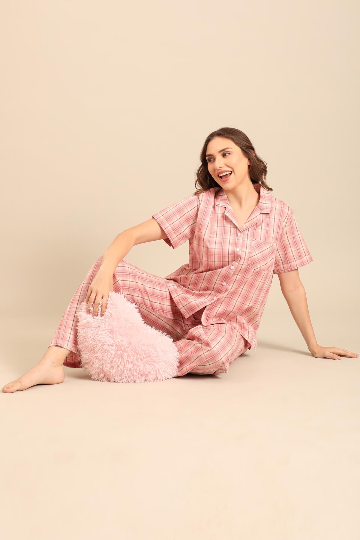 Pink Check Cotton Blend Women's Pajama Set- Half Sleeves