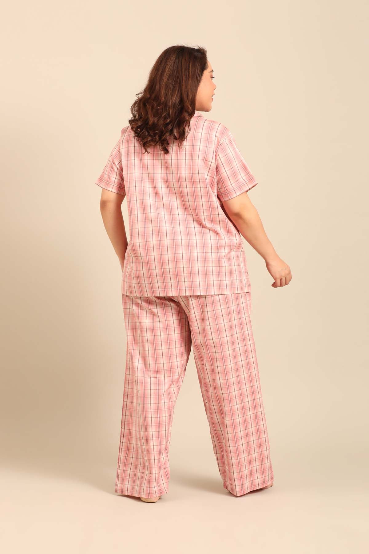 Pink Check Cotton Blend Women's Curve Pajama Set- Half Sleeves