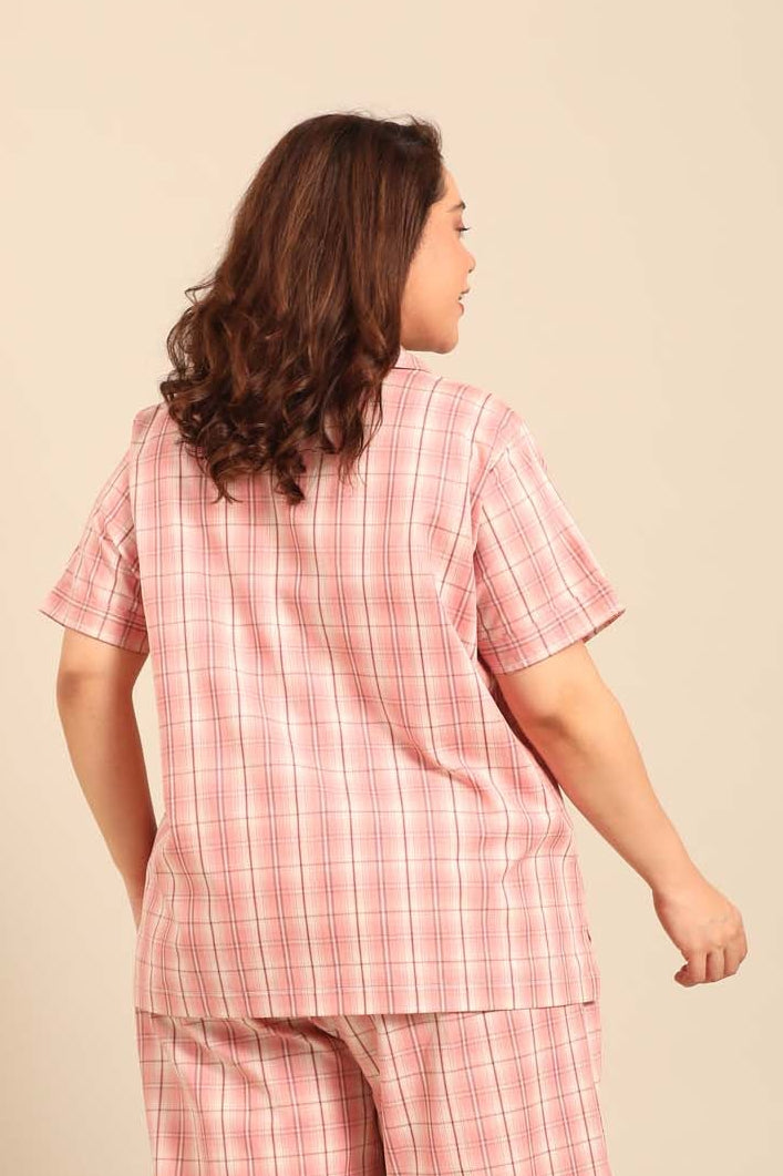Pink Check Women's Cotton Shirt- Half Sleeves