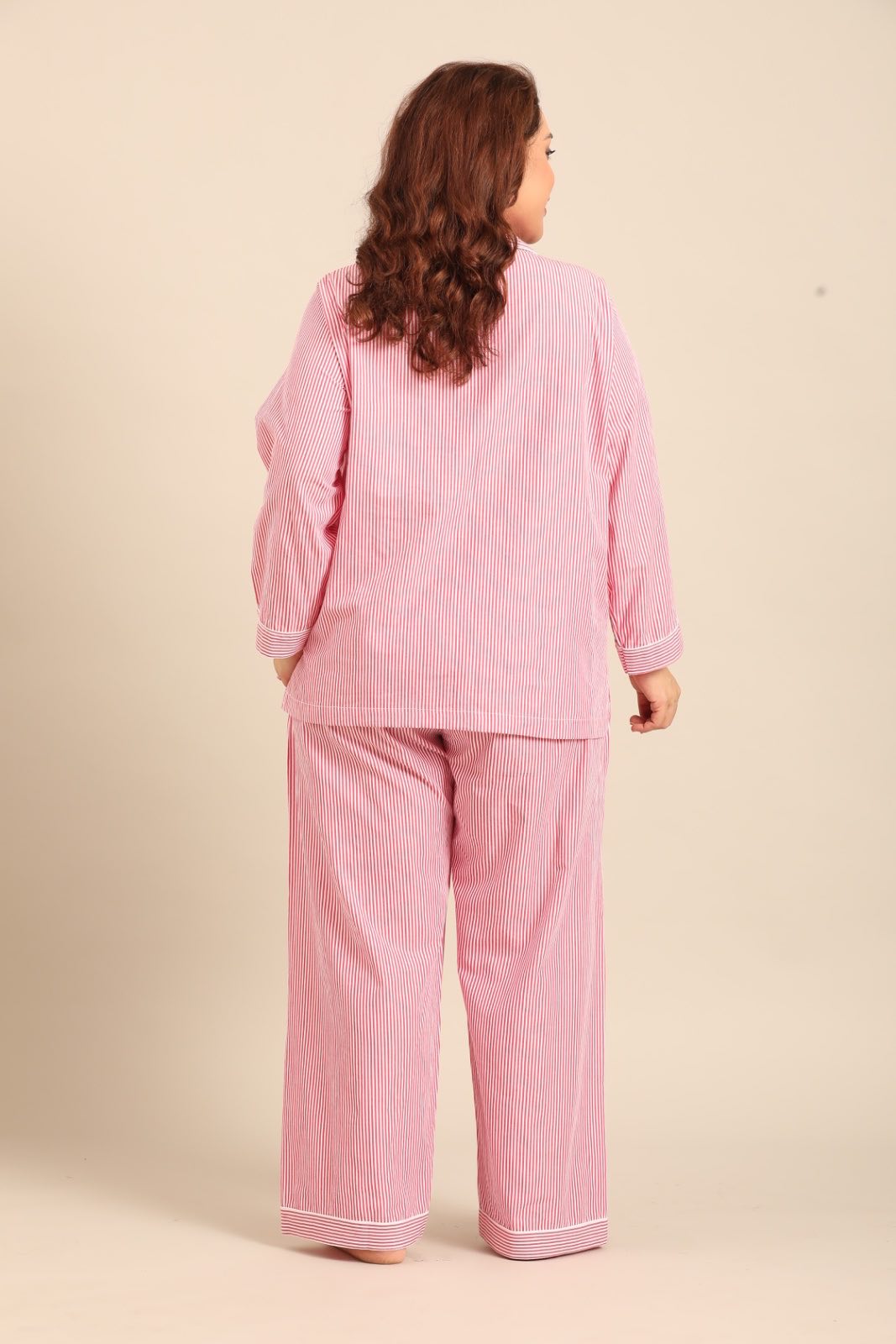 Sienna Red Pinstripe Cotton Women's Curve Pajama Set - Full Sleeves