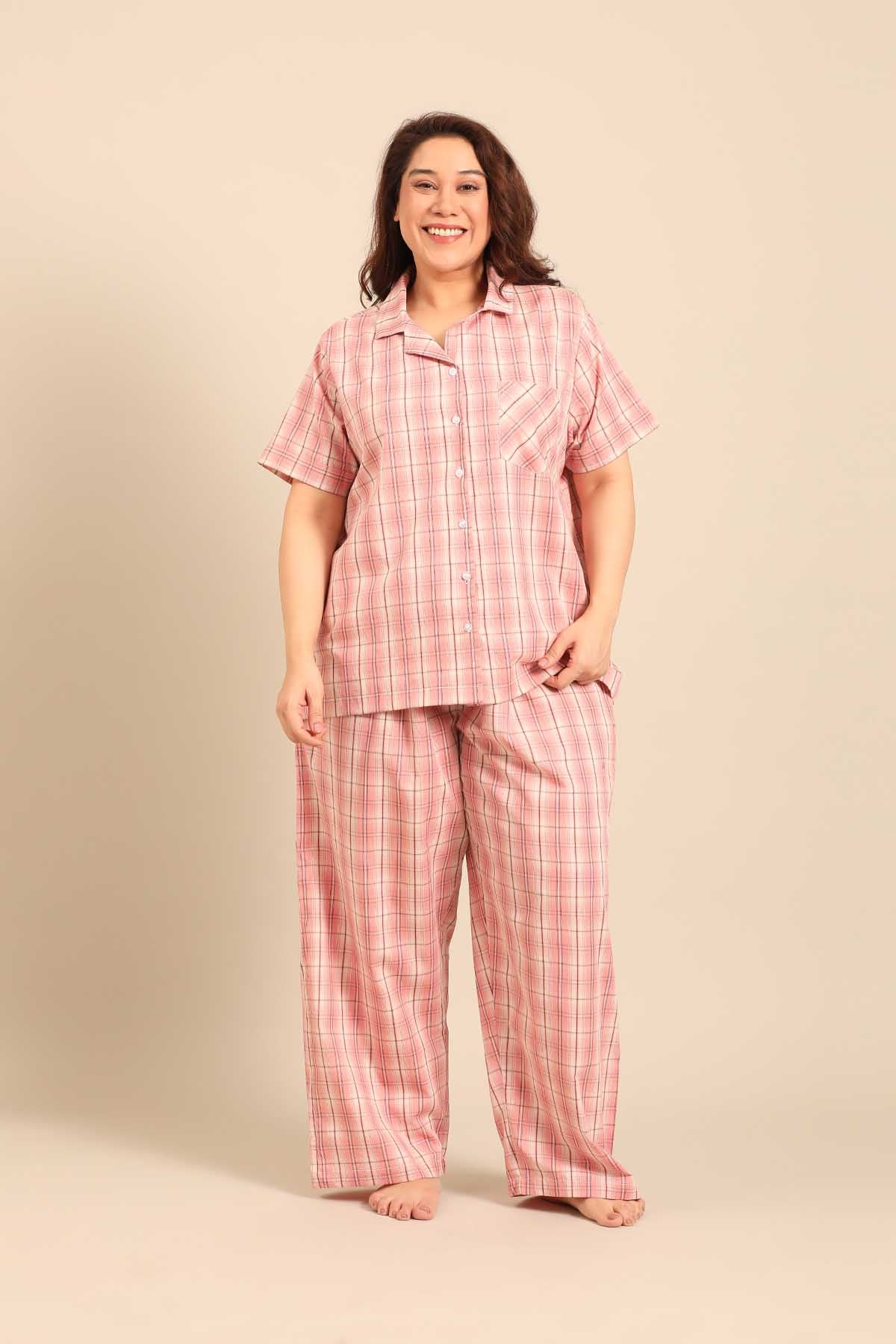 Pink Check Cotton Blend Women's Curve Pajama Set- Half Sleeves